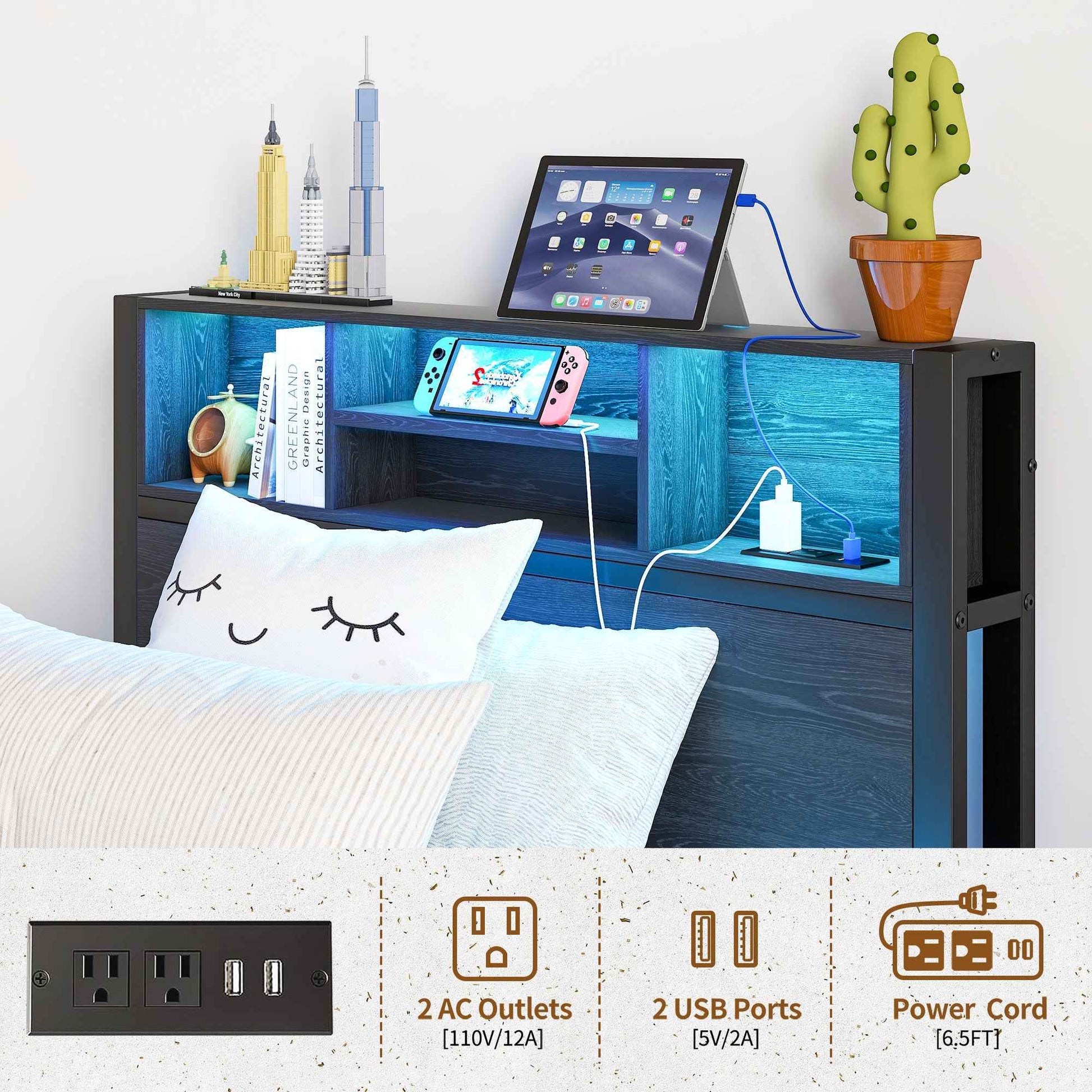 Twin Size Bed Frame with Storage Headboard, Metal Platform Bed with Charging Station, Bookcase Storage, Easy Assembly
