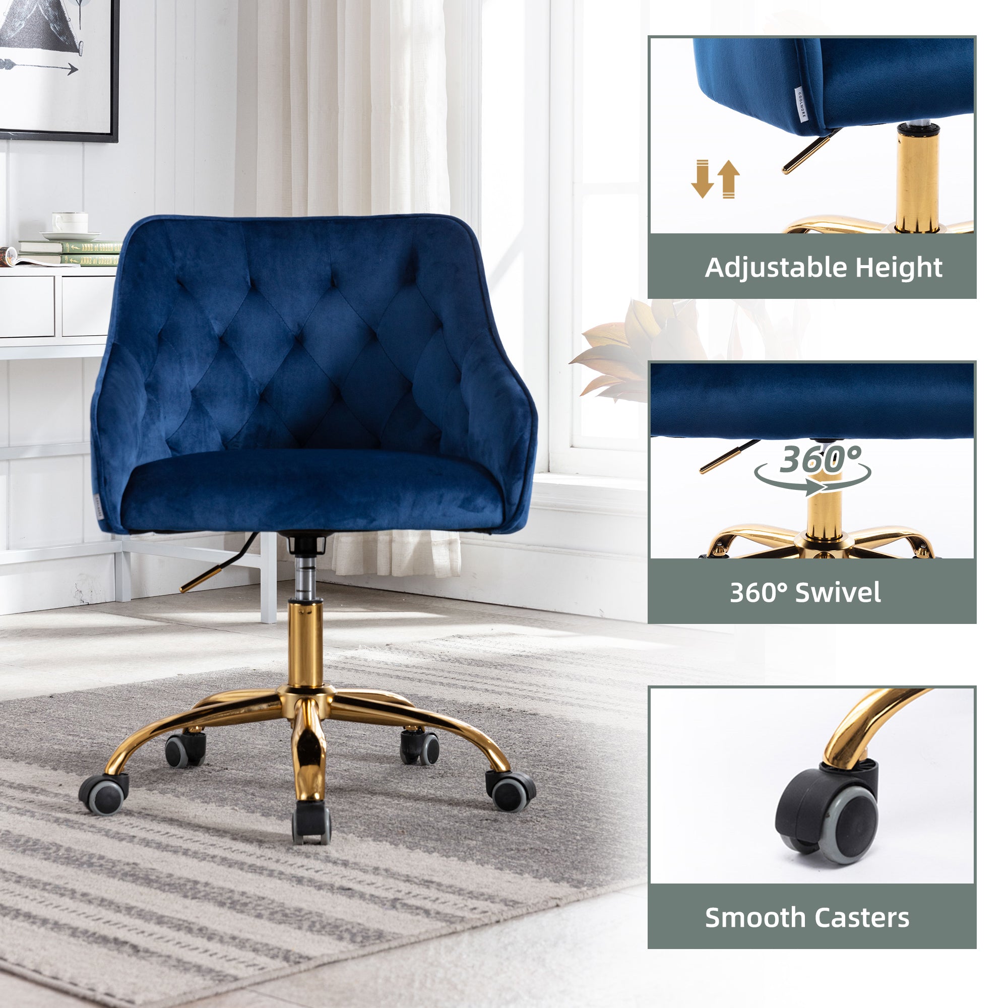 COOLMORE Velvet Home Office Desk Chair, Modern Cute Computer Chair, Wheels Swivel Height Adjustable Swivel Task Chair for Home Office (Navy Velvet)