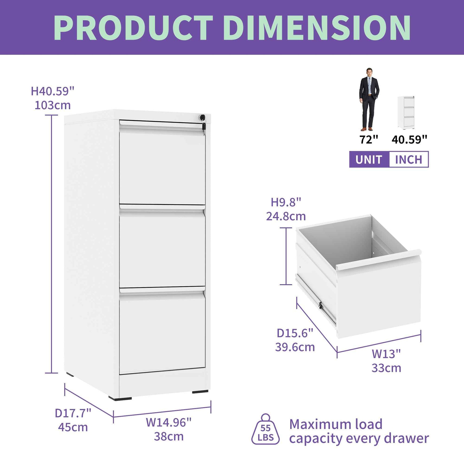 SteelCraft 3 Drawer Metal Vertical File Cabinet with Lock White Steel for A4 Legal/Letter Size