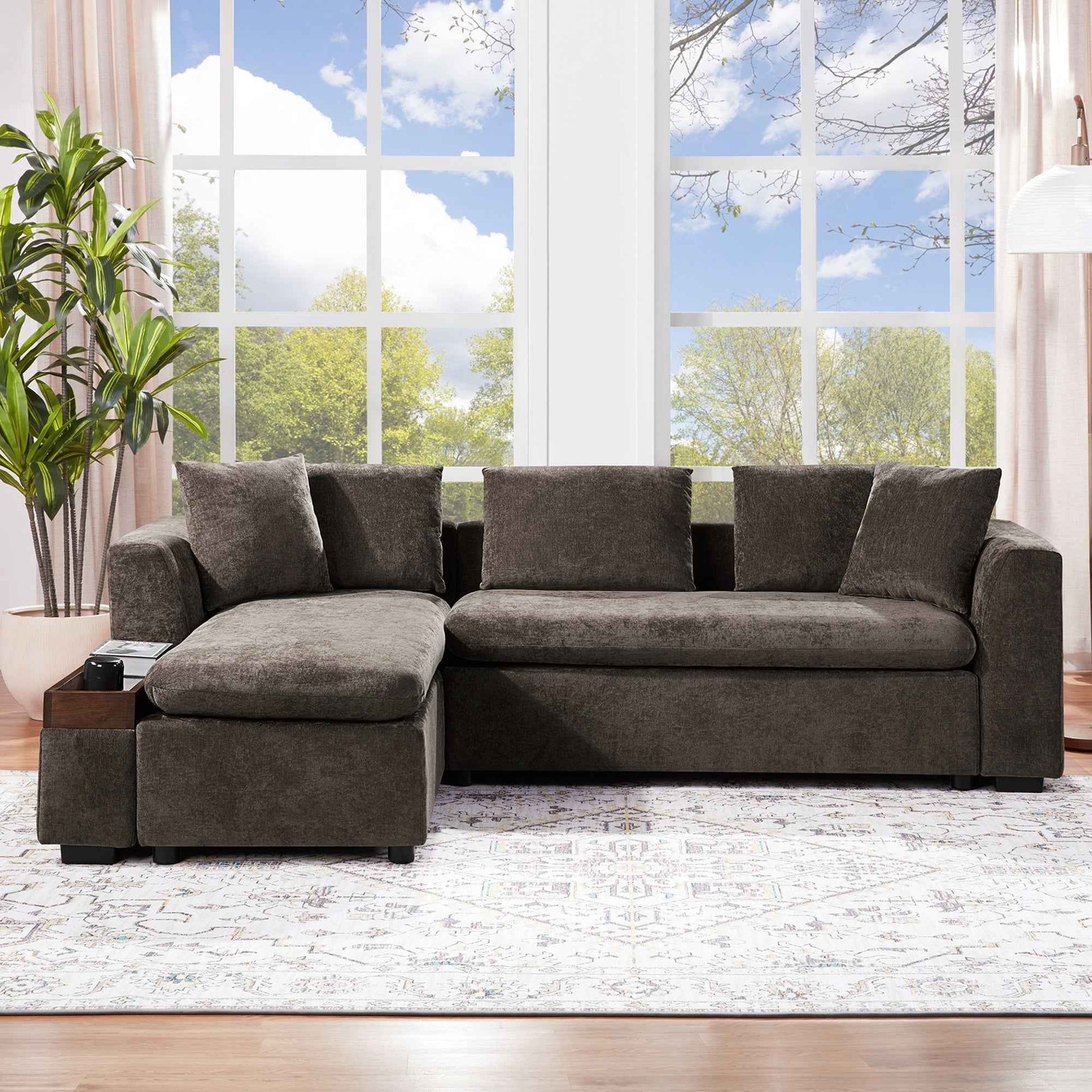 Elegant L-Shaped Sectional Sofa with Chenille Upholstery and Wooden Storage Compartment, Brown