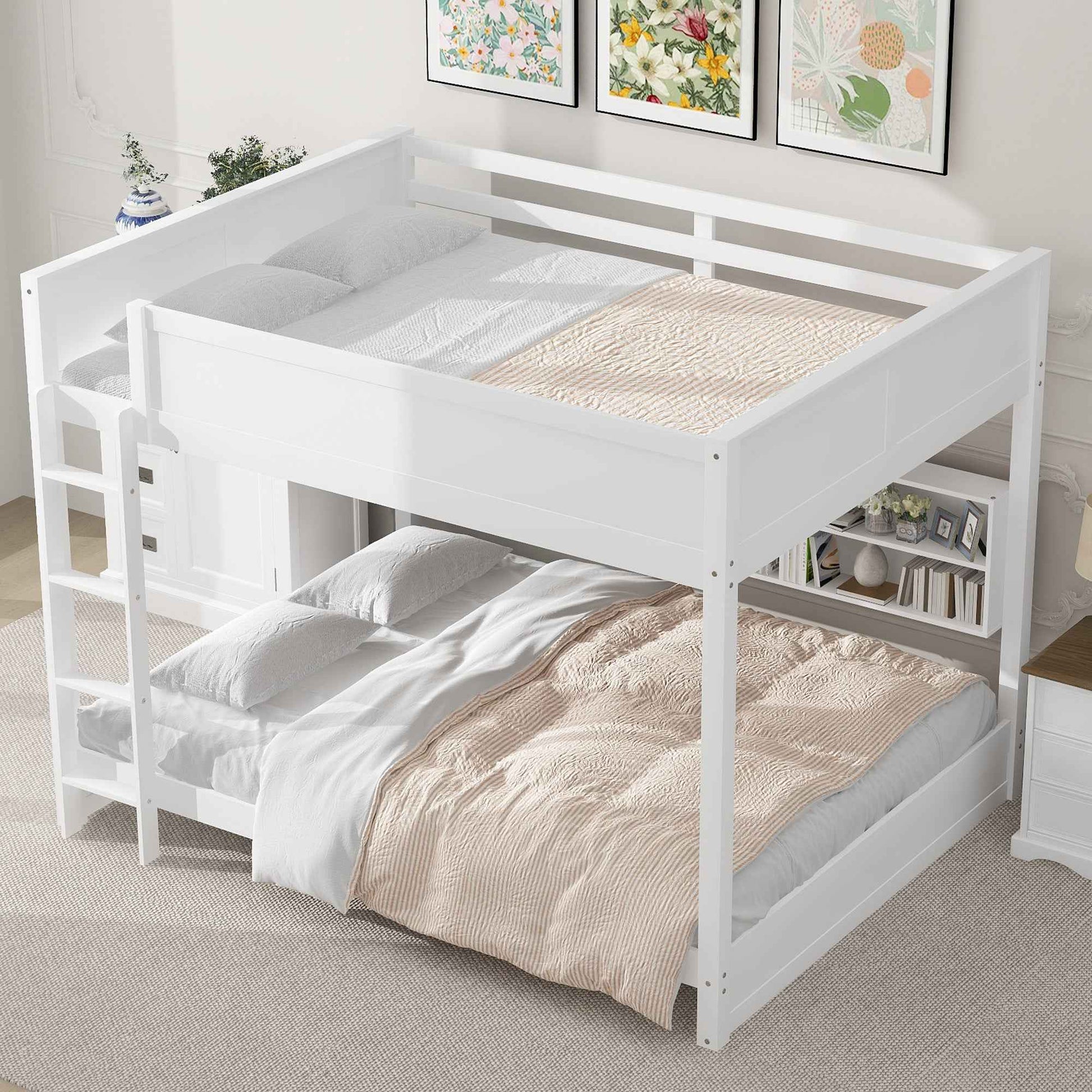 White Queen over Queen Bunk Bed with Storage Cabinets and USB Ports, Pine Wood+MDF