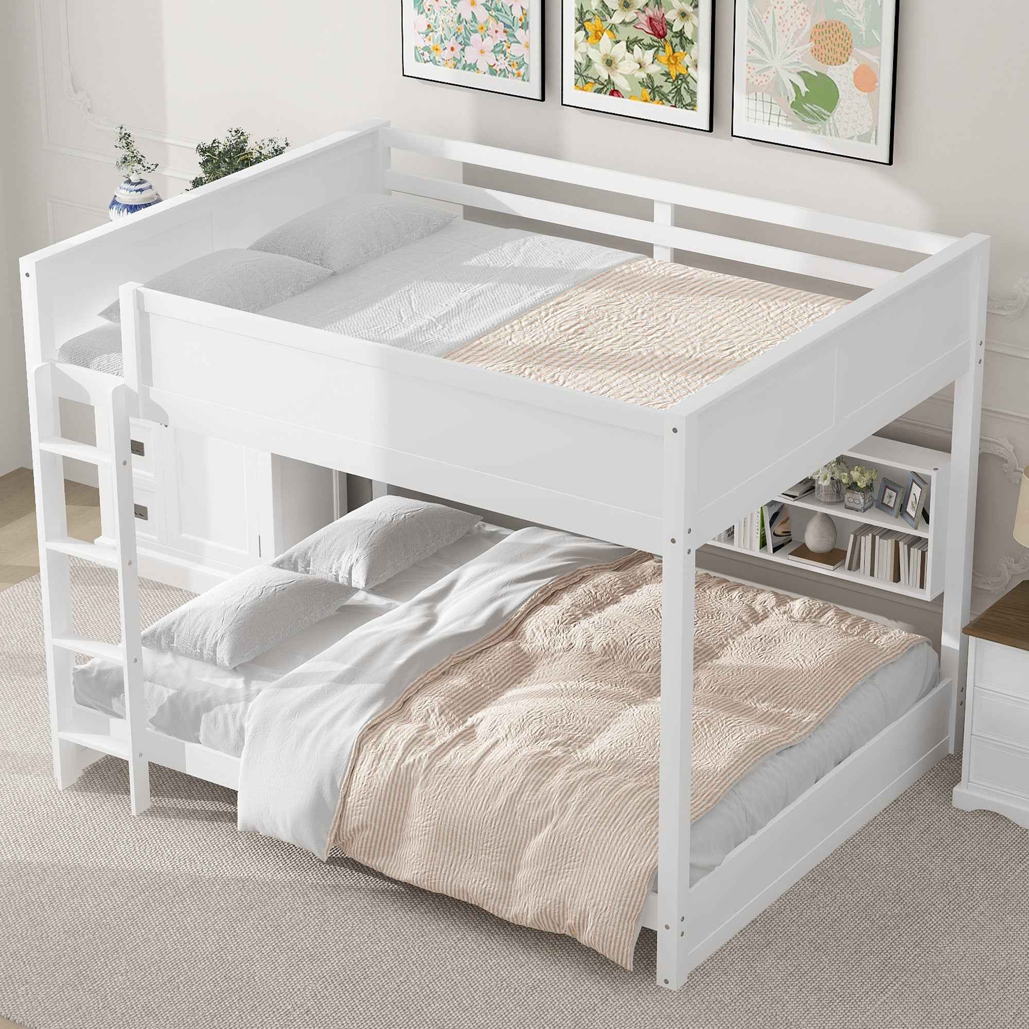 White Queen over Queen Bunk Bed with Storage Cabinets and USB Ports, Pine Wood+MDF