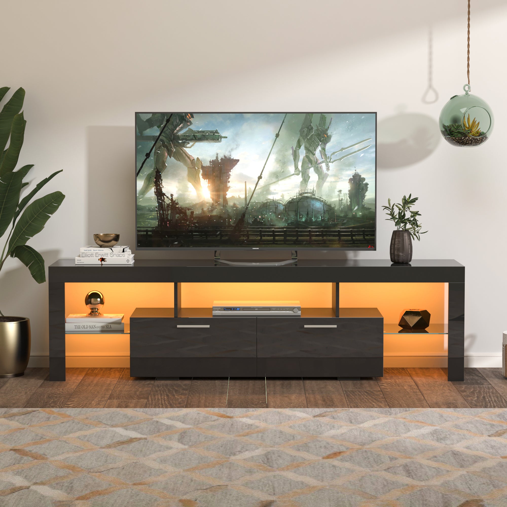 FashionTVstandTVcabinet,EntertainmentCenter,TVstationTV console,media console,with LEDlight belt,light belt remote control,toughenedglassshelf,metal handle,Canbeplaced in the living room,bedroom,black