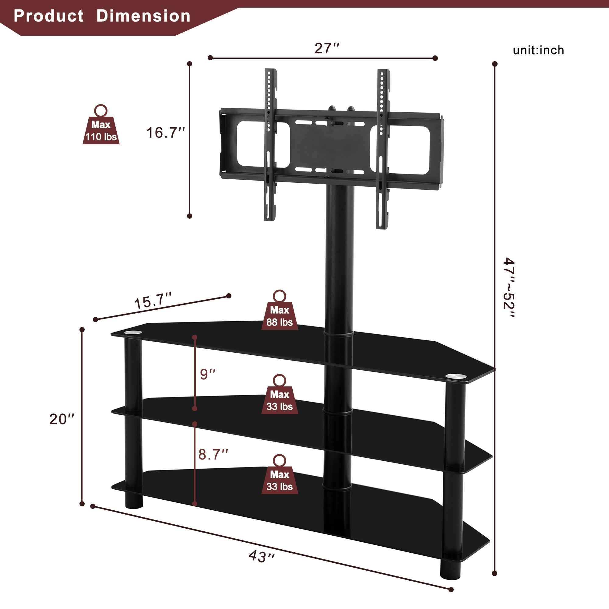Modern Black Multi-function TV Stand with Height Adjustable Swivel Bracket and 3-Tier Tempered Glass