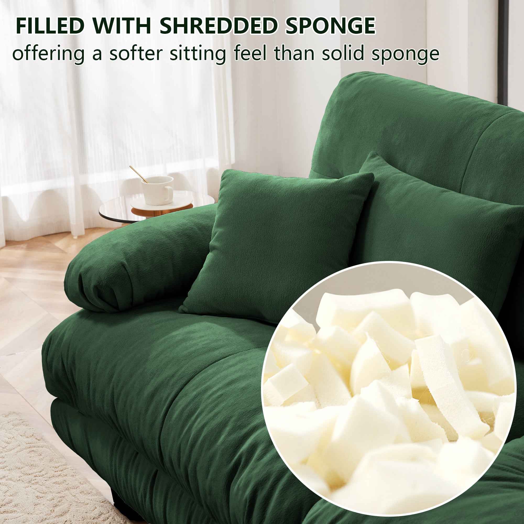 Cloud Couch Sleeper Sofa for Living Room, Chenille 2 Seater sofa with 2 Lumbar pillows and 2 throw pillows , Upholstered Wide Arm Sofa with 2 Ottomans,Chenille Green