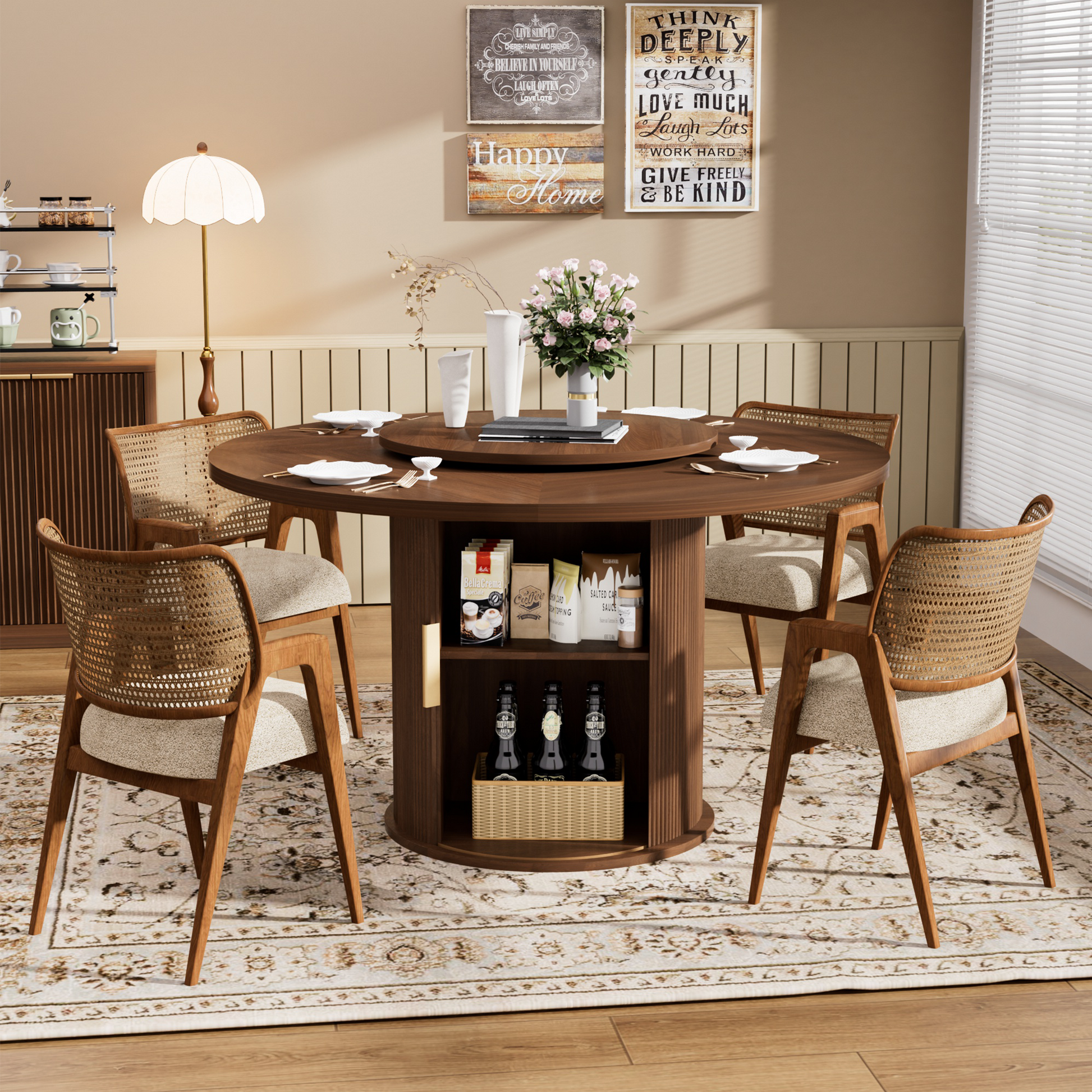 55-inch round dining table for six, featuring a double-tiered storage rack and a rotating tabletop tray. Wooden wavy-striped sliding doors. Ideal for home dining room living room (Walnut).