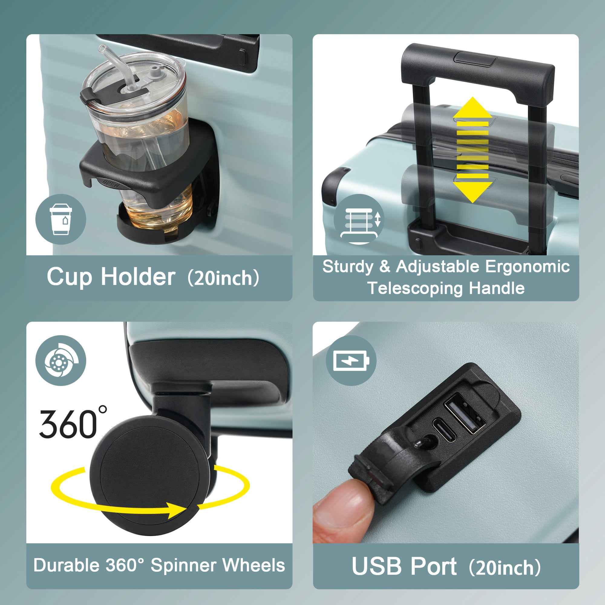 Luggage Sets 5 Piece with Front Opening , Hardside Expandable Carry on Suitcase with Spinner Wheels TSA Lock USB Port  Cup Holder Duffel Bag and Toiletry Bag