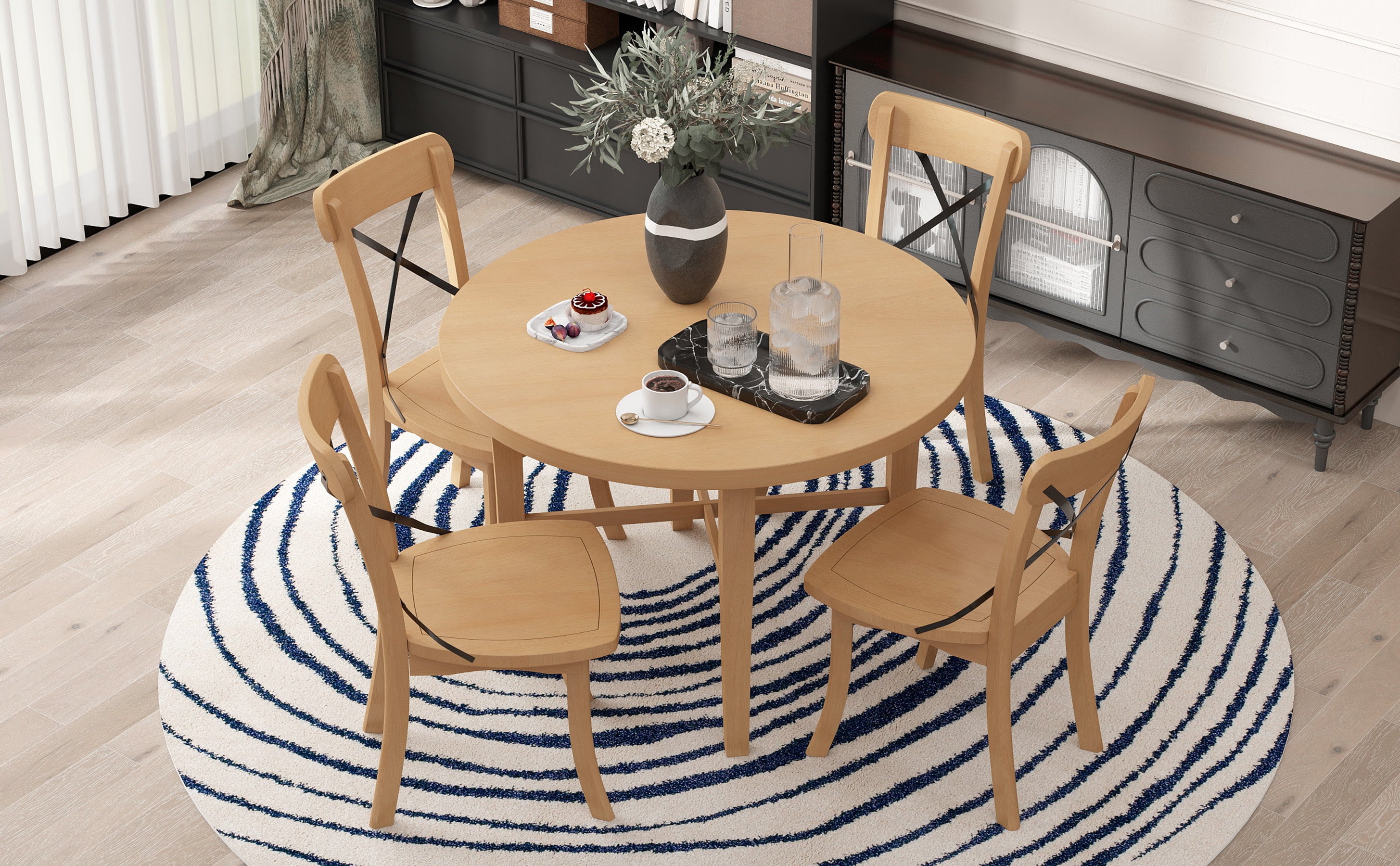 TREXM 5-piece Dining Set, Retro Simple Round Table and 4 Chairs with X-shaped Backrest for Kitchen, Dining Room and Living Room (Natural)