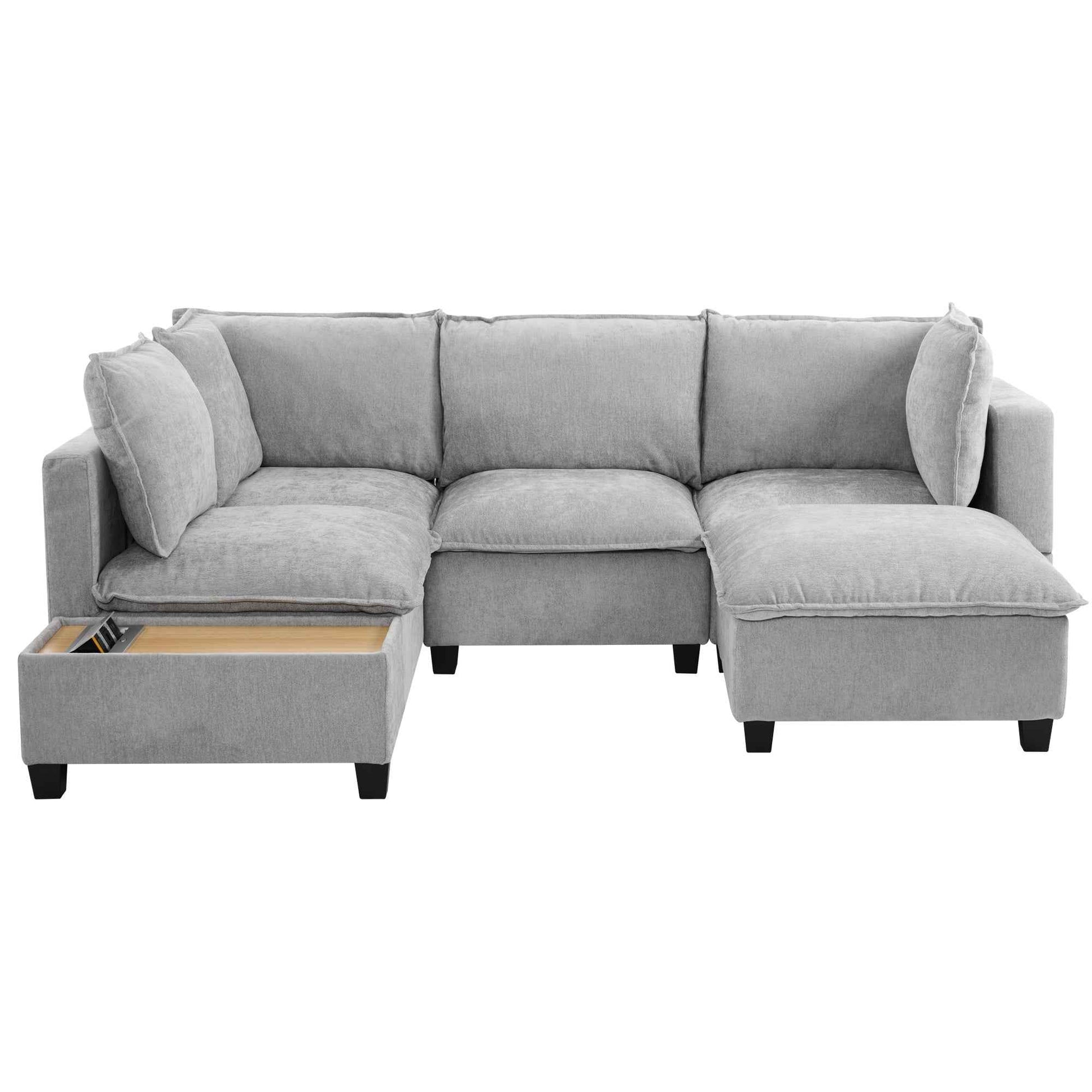 Modular 90' U-shaped Sectional Sofa with Movable Ottoman and Hidden Charging Coffee Table, Grey, Chenille