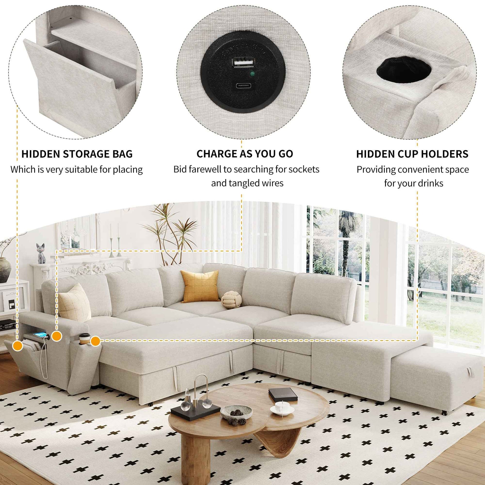 U_STYLE  L-shaped Padded Modular Sofa with Storage Space, USB Ports, and Cup Holders on the Armrests, Suitable for Living Rooms, Offices, and Apartments.