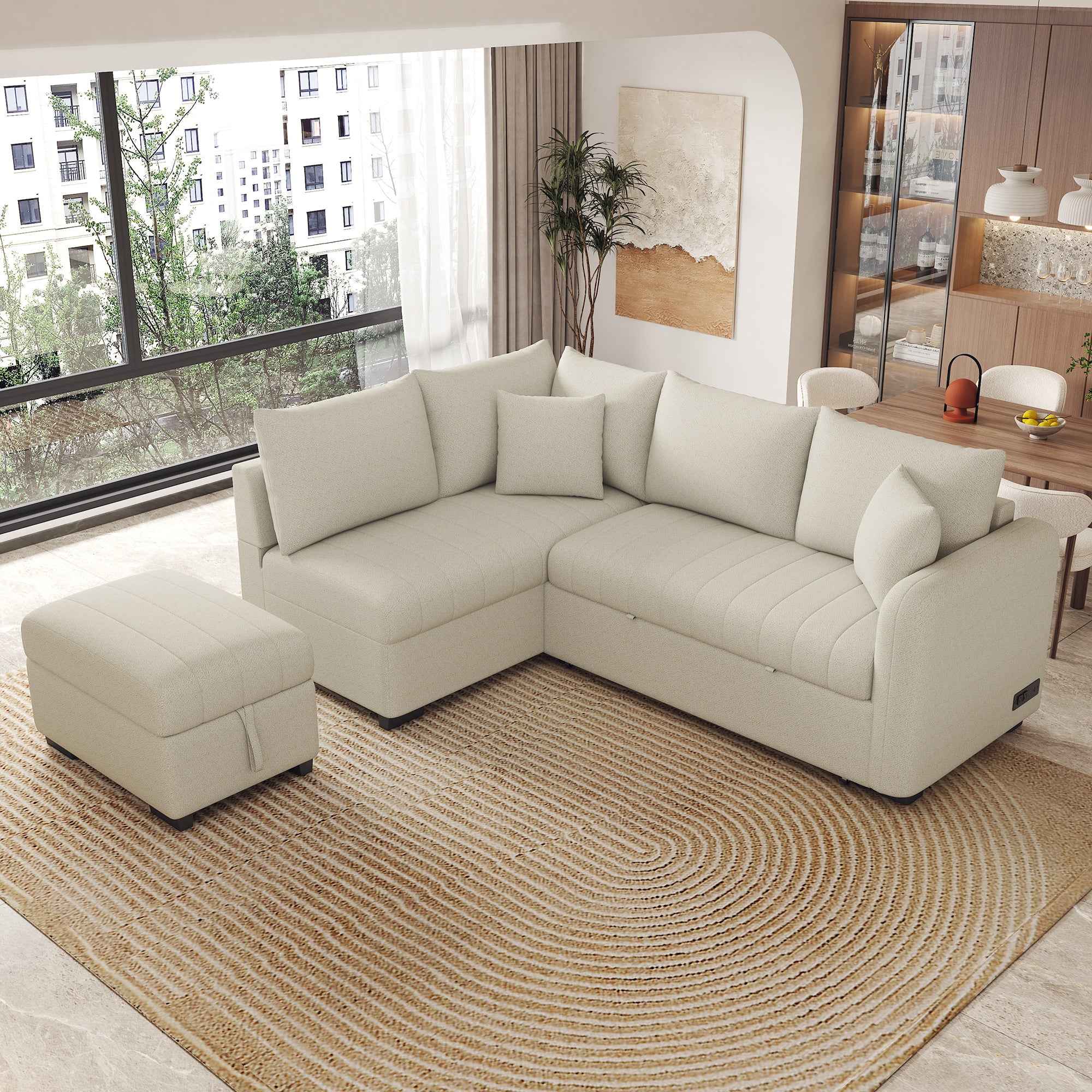 Modern L-shaped Sectional Pull Out Sofa Bed with USB Ports and Storage Ottoman, Beige, Jacquard Fabric, 82.6'