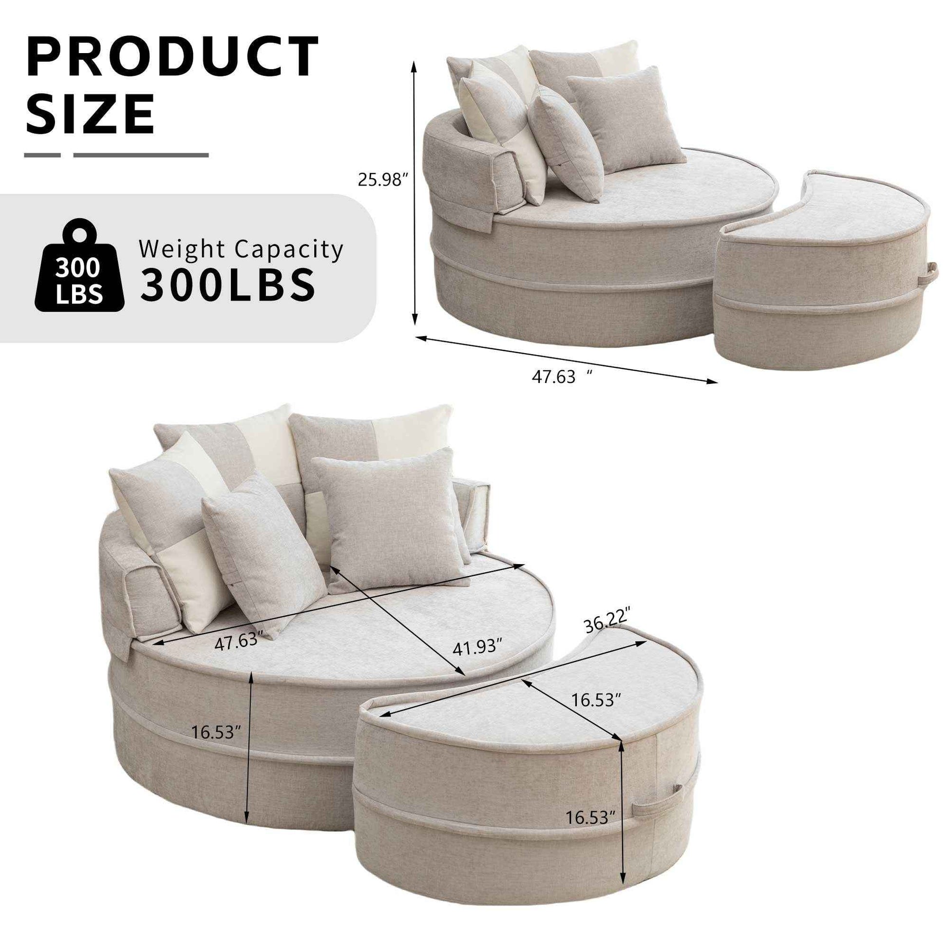 Modern Oversized  Gray Round Barrel Accent Chair with Ottoman – Velvet Upholstered Lounge Armchair with 5 Pillows for Living Room or Bedroom