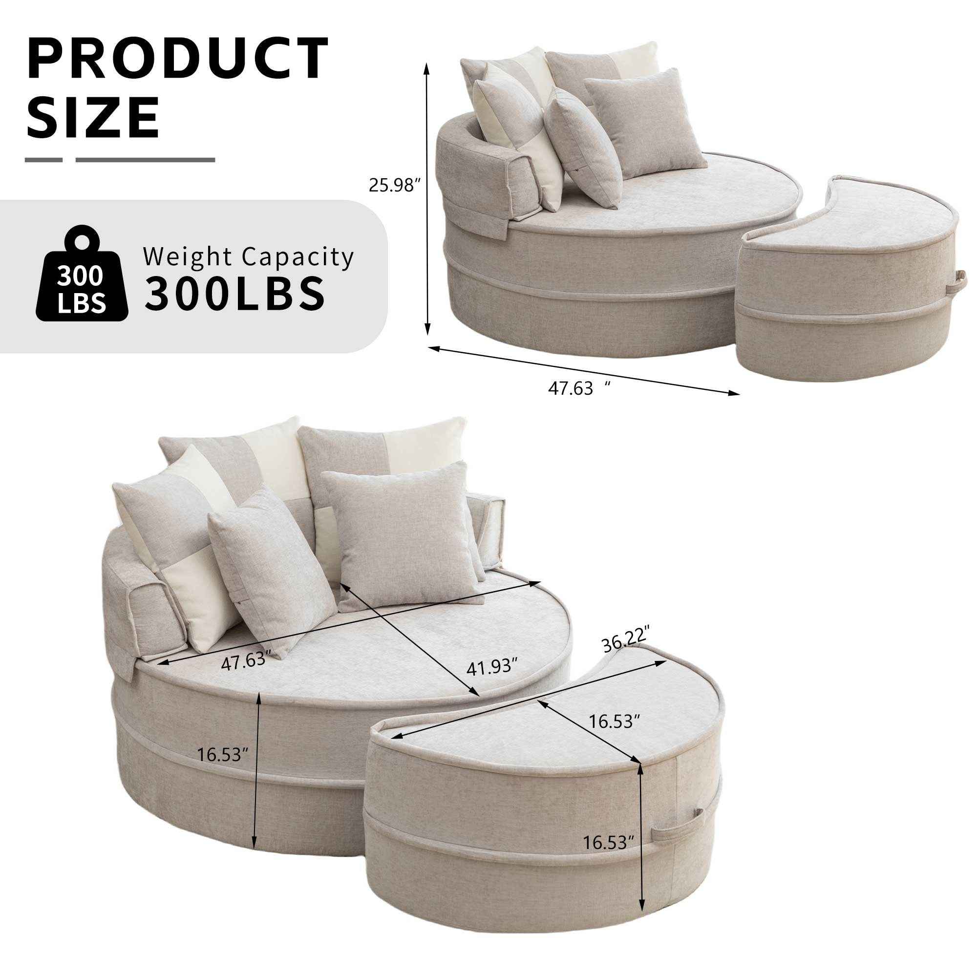Modern Oversized  Gray Round Barrel Accent Chair with Ottoman – Velvet Upholstered Lounge Armchair with 5 Pillows for Living Room or Bedroom