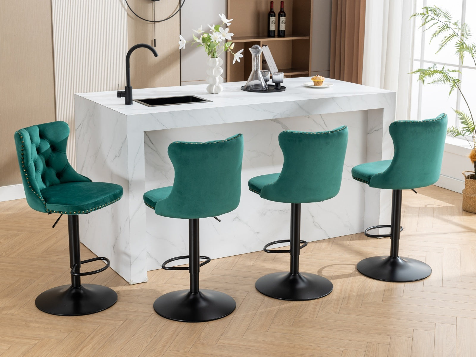 Swivel Velvet Barstools Adjusatble Seat Height from 25-33 Inch,17.7inch base, Modern Upholstered Bar Stools with Backs Comfortable Tufted for Home Pub and Kitchen Island,Green,Set of 2,SW1812GN