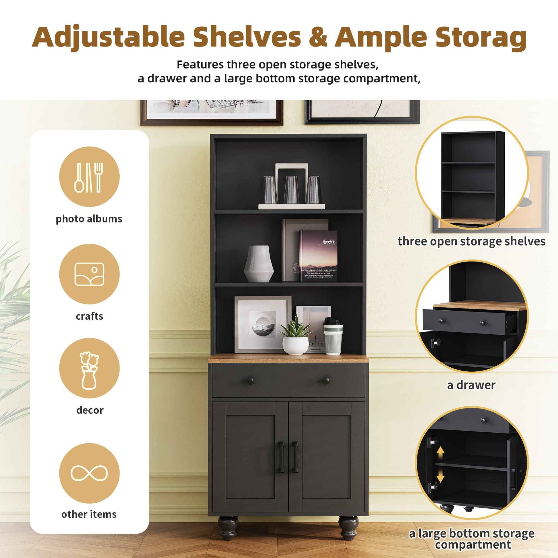 Farmhouse TV Stand with Solid Wood Gourd-Shaped Legs for TVs Up to 70', Entertainment Center with Bookshelves & Tempered Glass Doors, Media Console with Adjustable Shelves, Living Room, Black