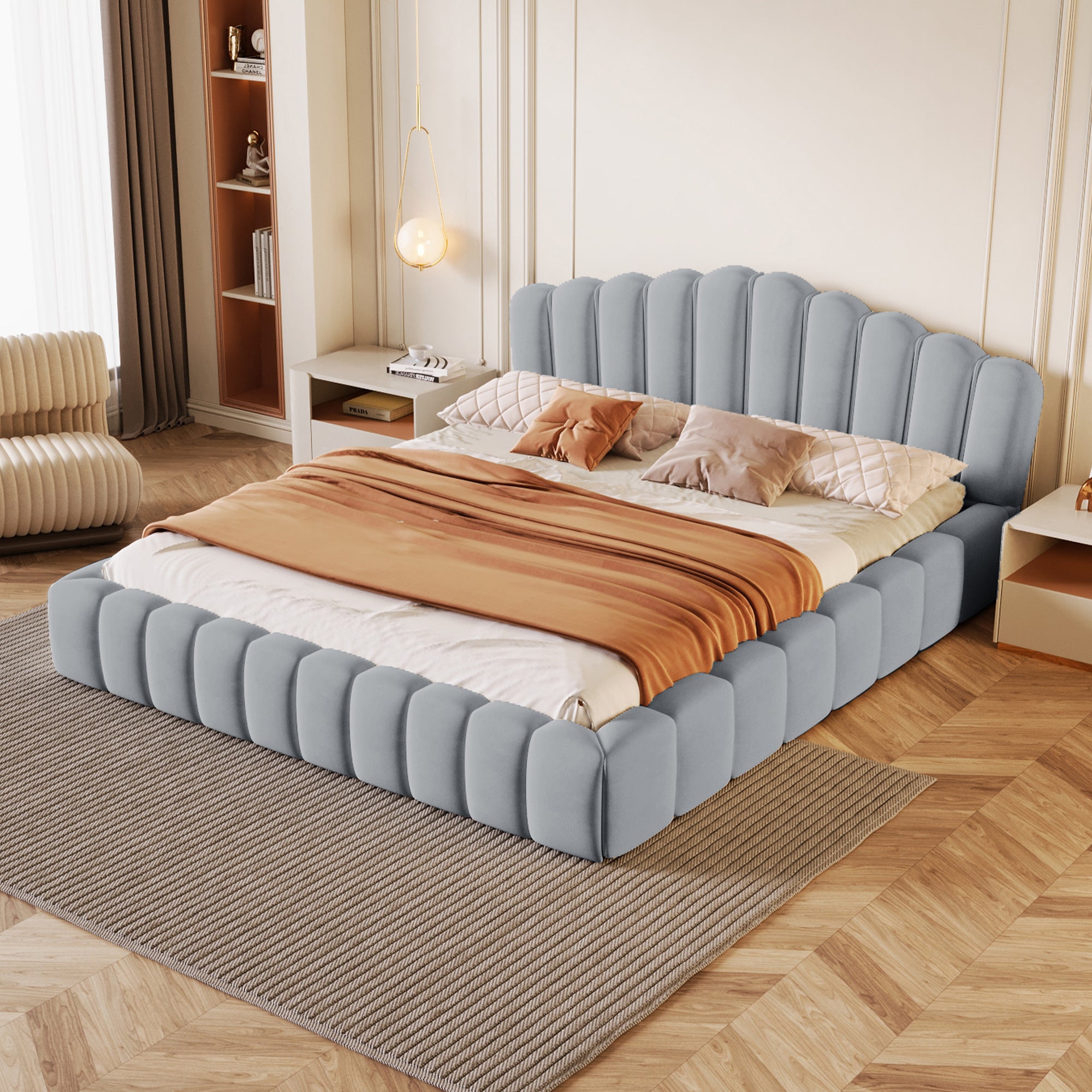 Velvet Upholstered Queen Bed Floor Bed Frame Shell-Shaped Headboard for Bedroom,No Box Spring Needed,Light Blue