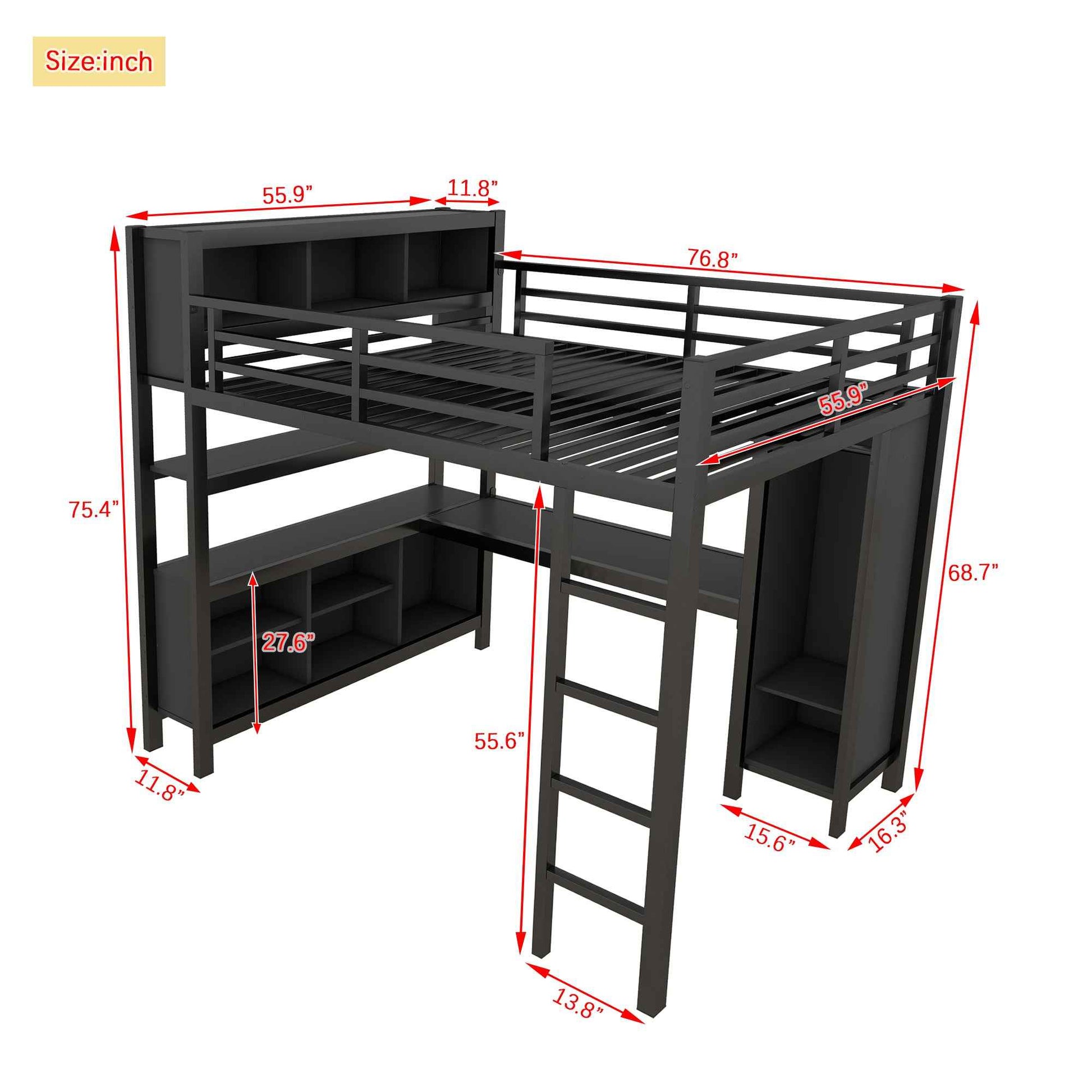 Metal Loft Bed with Wardrobe And L-shaped Desk, Full Size Loft Bed with Storage Cubes and Shelves, Heavy Duty Loft Bed for Kids Teens Adults, Black