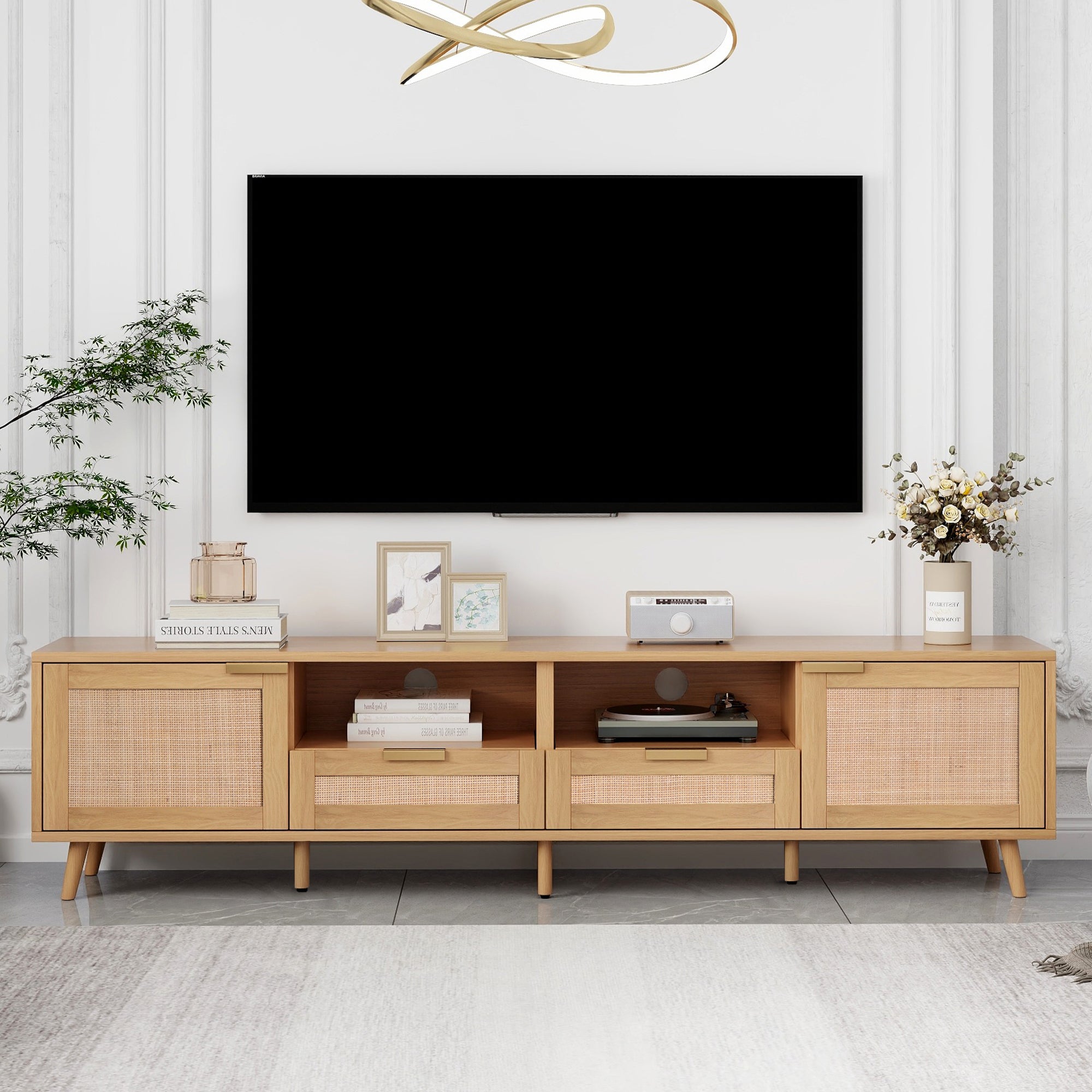 Rattan TV Stand for TVs up to 85'', Modern Farmhouse Media Console, Entertainment Center with Solid Wood Legs, TV Cabinet for Living Room,Home Theatre - Abrihome