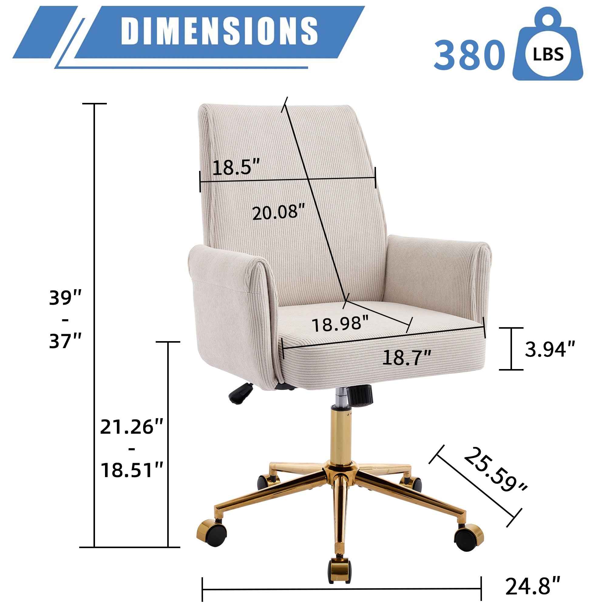 Ergonomic Mid-Back Office Chair with Striped Fabric, White Corduroy, Adjustable Lumbar Support and Gold Base, 25.2 x 24.0 x 39.0 inches