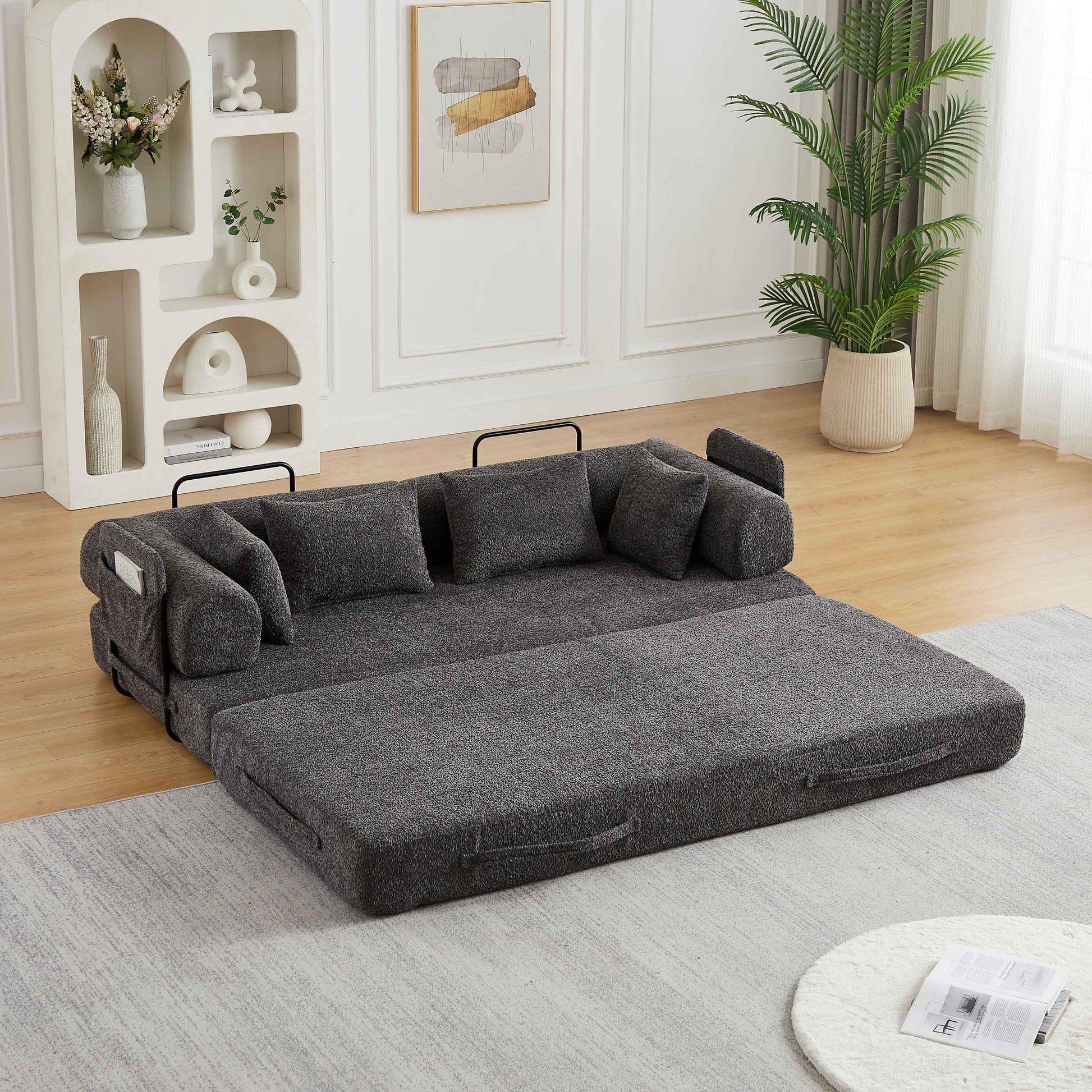 78.7-Inch Convertible Sleeper Sofa Bed with Cylindrical Pillow, Chenille Folding Mattress Couch with ,Folding Sofa Bed with Side Pocket, Floor Sofa Lounge Couch for Living Room Bedroom Lounge Studio