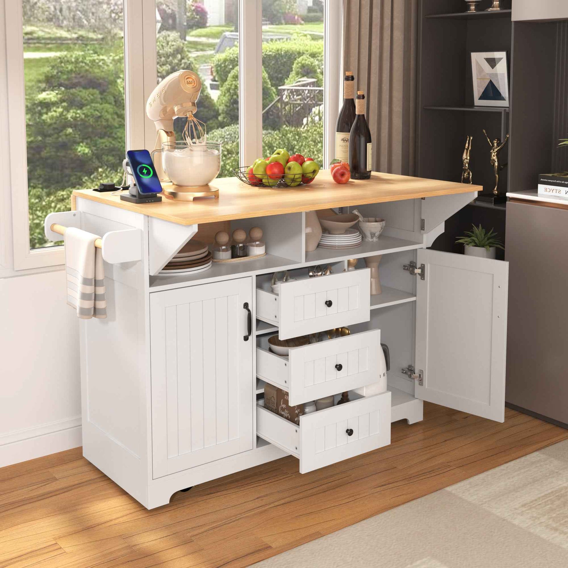 K&K 55.7'' Large Kitchen Island with 2 Drop Leaf,, Rolling Kitchen Cart on 5 Wheels with Power Outlet, Folding Storage Dining Table with Spice & Towel Rack , 3 Drawers, for Kitchen, Dining Room,White