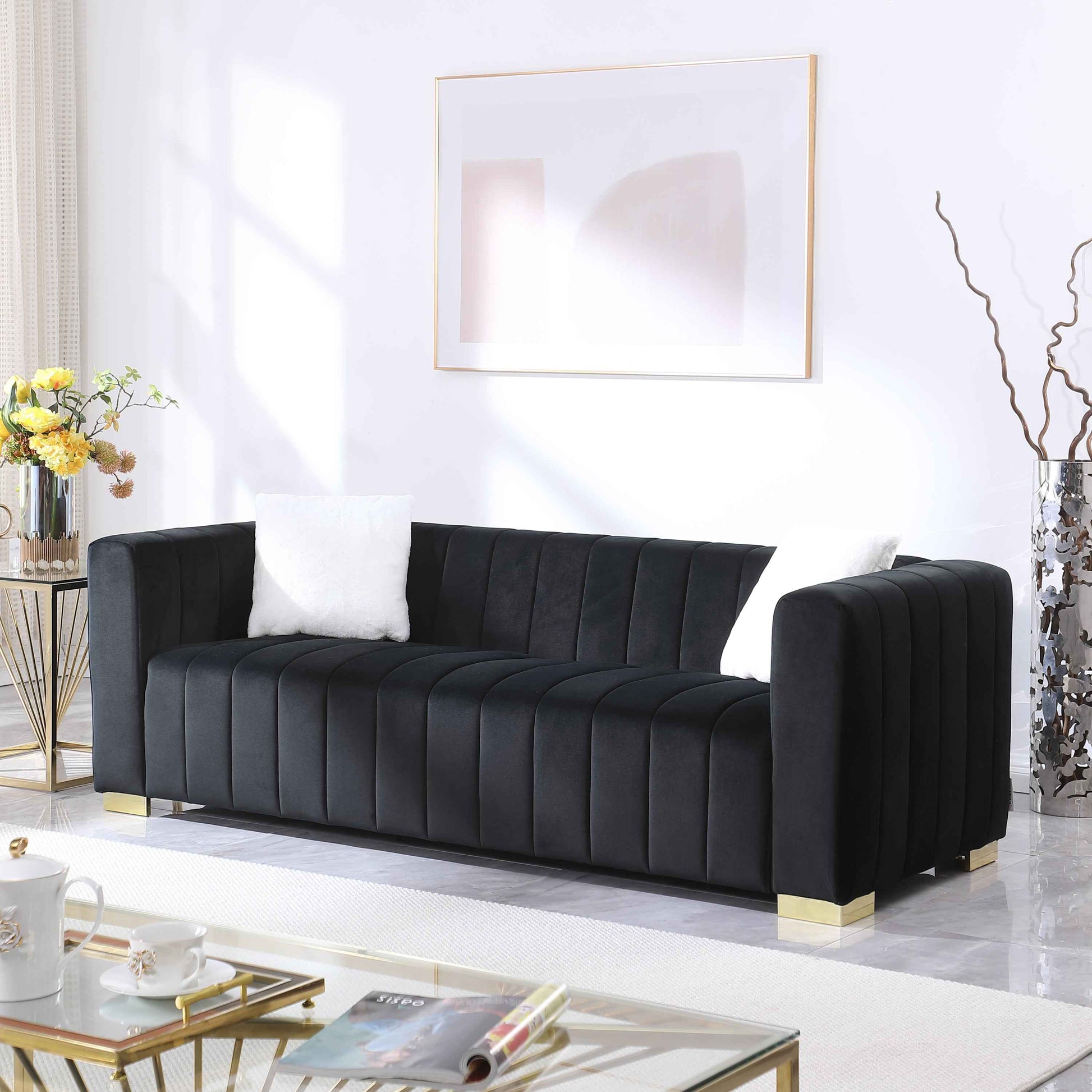 A modern  channel sofa  take on a traditional Chesterfield,Black color,3 seater