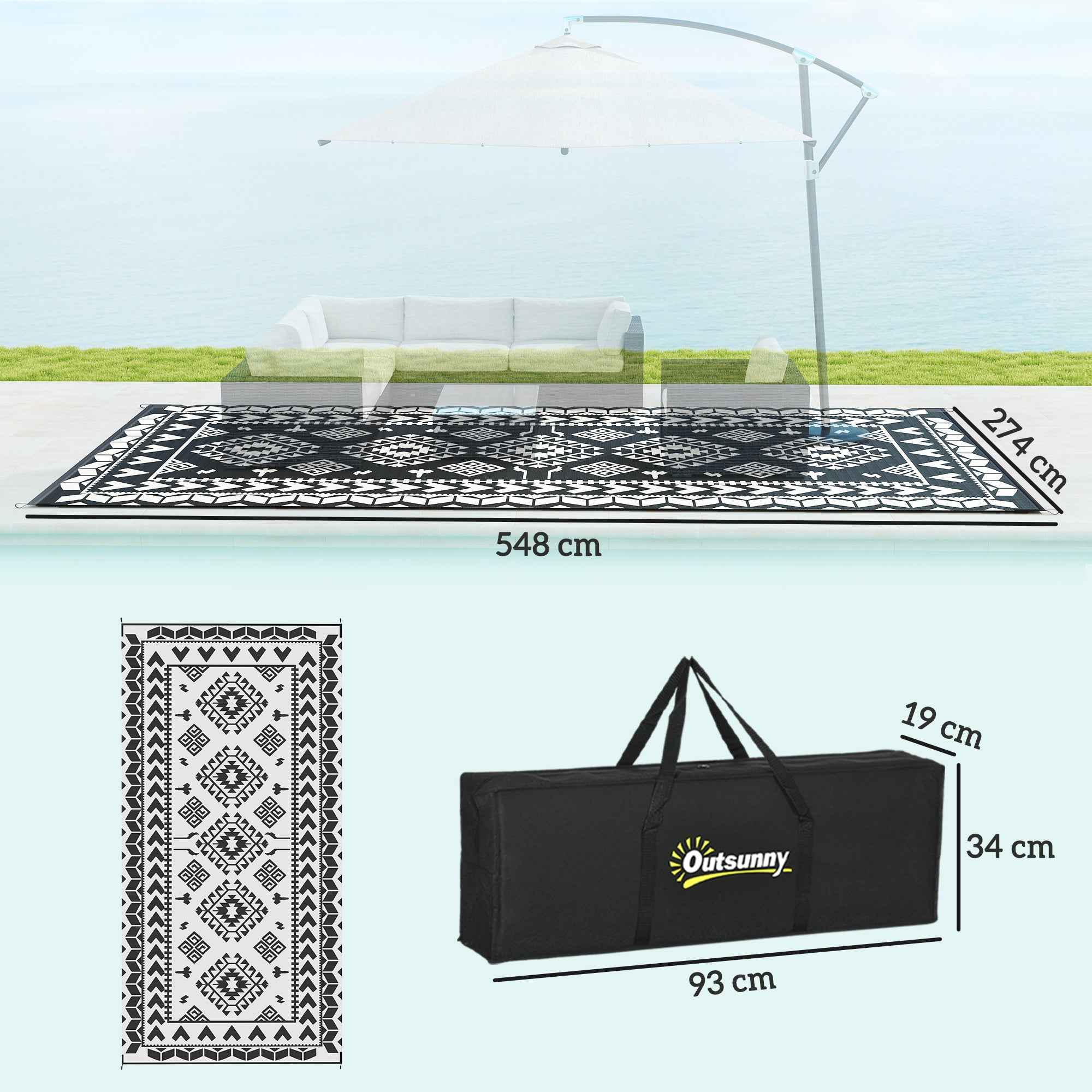 Outsunny Outdoor Patio Rug, Large Camping Carpet with Carrying Bag, 9' x 18' Waterproof Plastic Straw, Reversible, Black & White Rhombus Patchwork