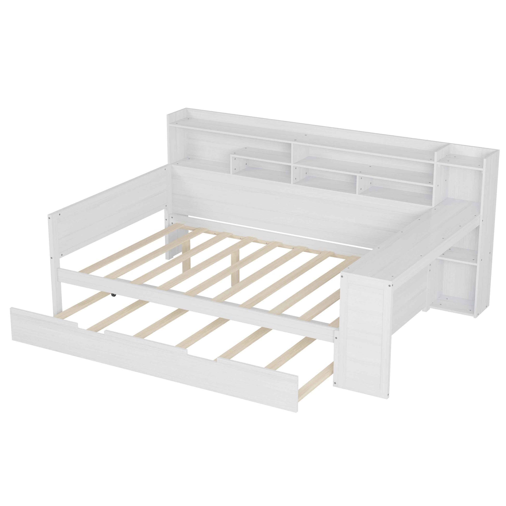 Wooden Full Size Daybed with Storage Shelves, Multi-functional Bed with Twin Size Trundle Bed and  Study Desk, Antique White