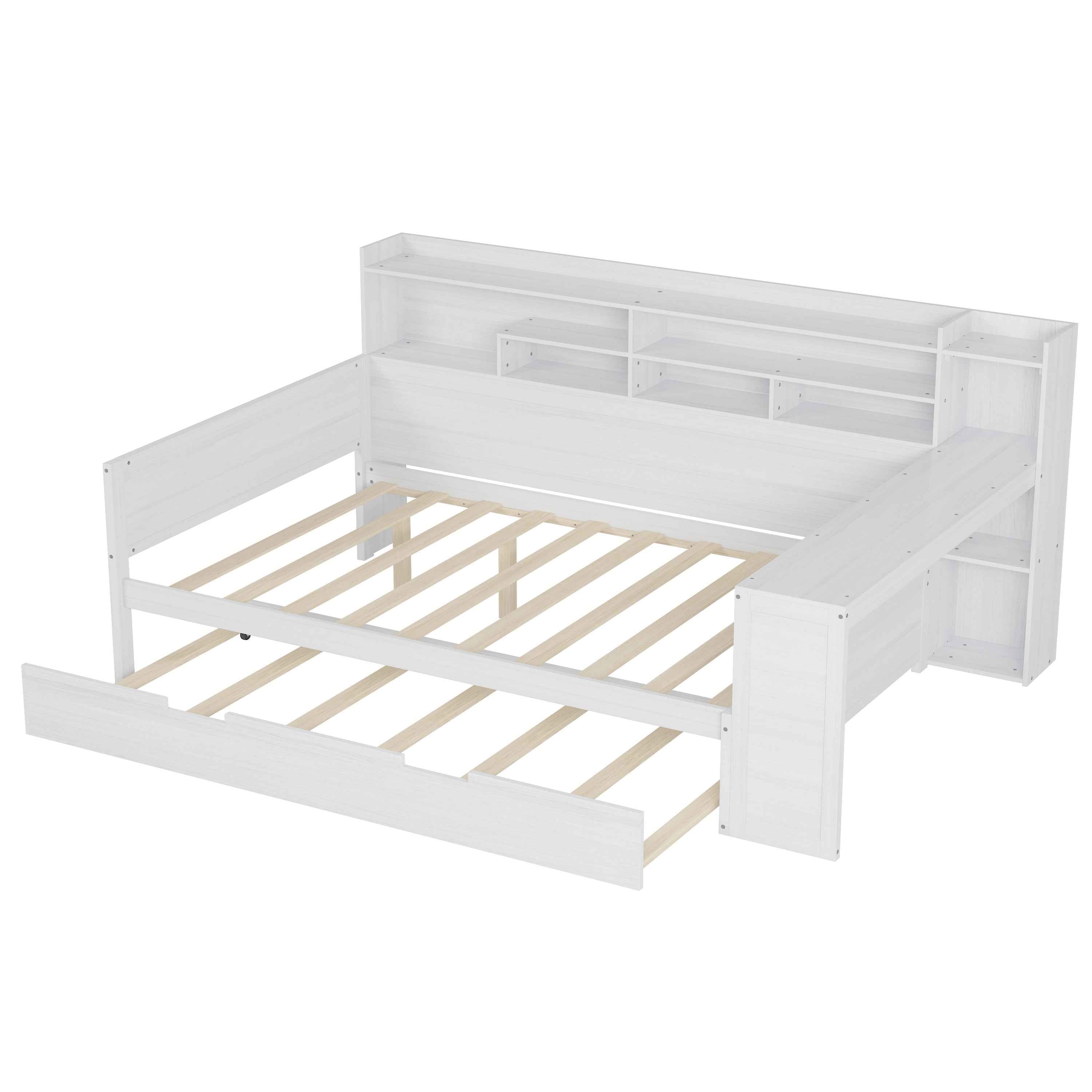 Wooden Full Size Daybed with Storage Shelves, Multi-functional Bed with Twin Size Trundle Bed and  Study Desk, Antique White