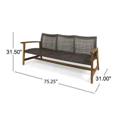 Outdoor Acacia Wood Wicker 3 Seater Sofa, Patio Furniture Conversation Set for Backyard
