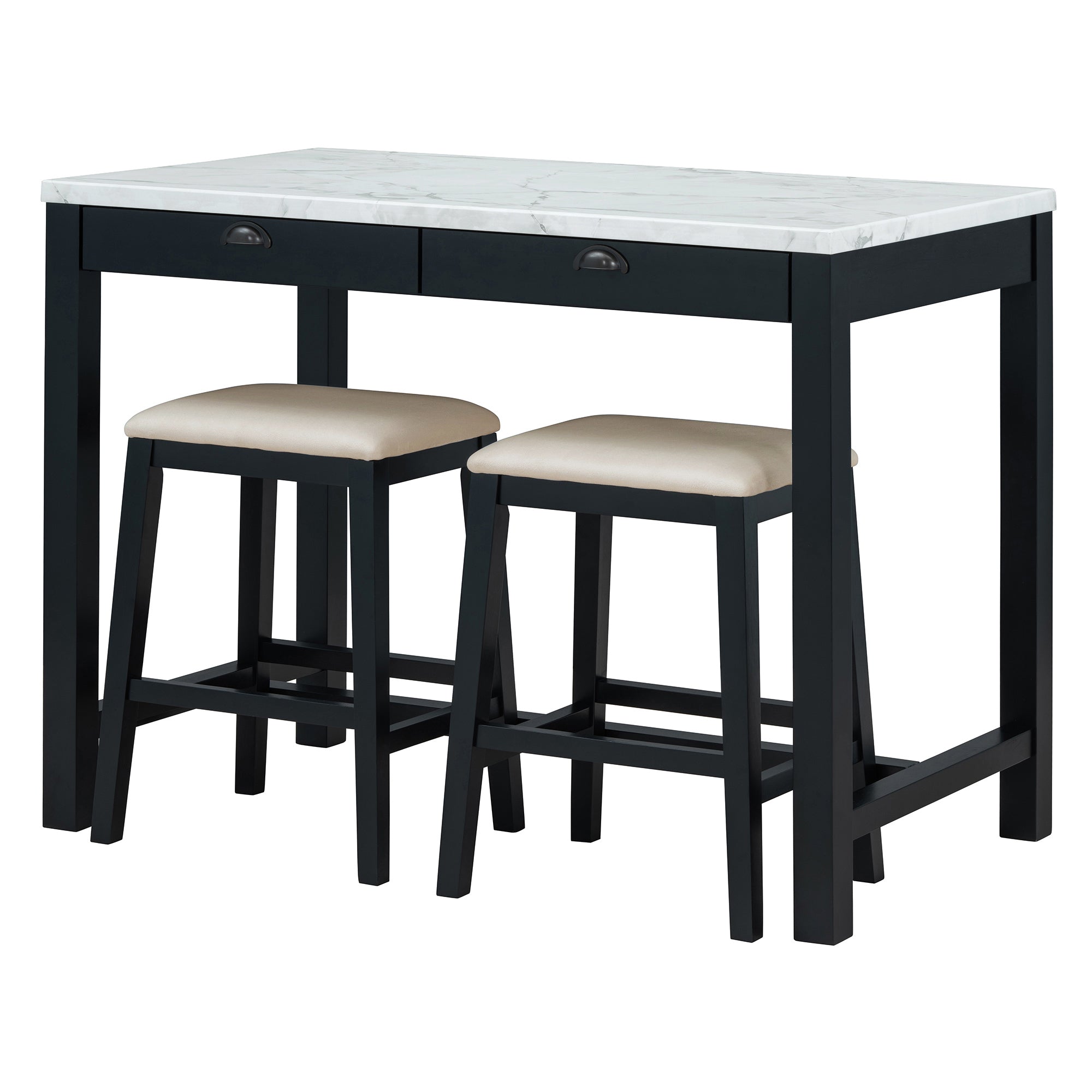 TREXM 3-Piece Modern Faux Marble Versatile Bar Table Set with Storage Drawers and Padded Stools, Ideal for Space-Saving Dining Nooks or Small Kitchens (Black)