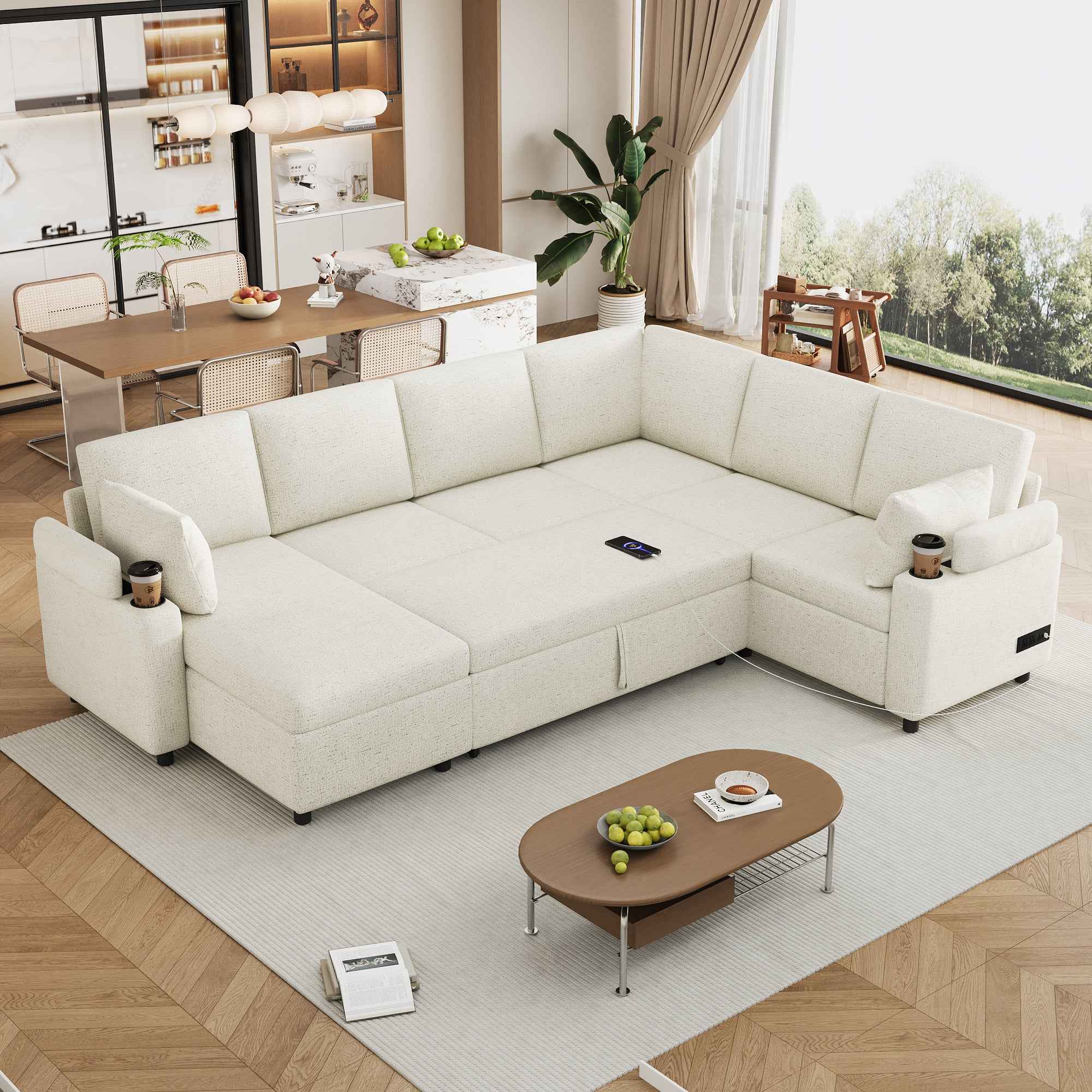 Convertible U-Shaped Sofa Bed with Storage, Cup Holders and Charging Ports, Beige Chenille, 109.9'