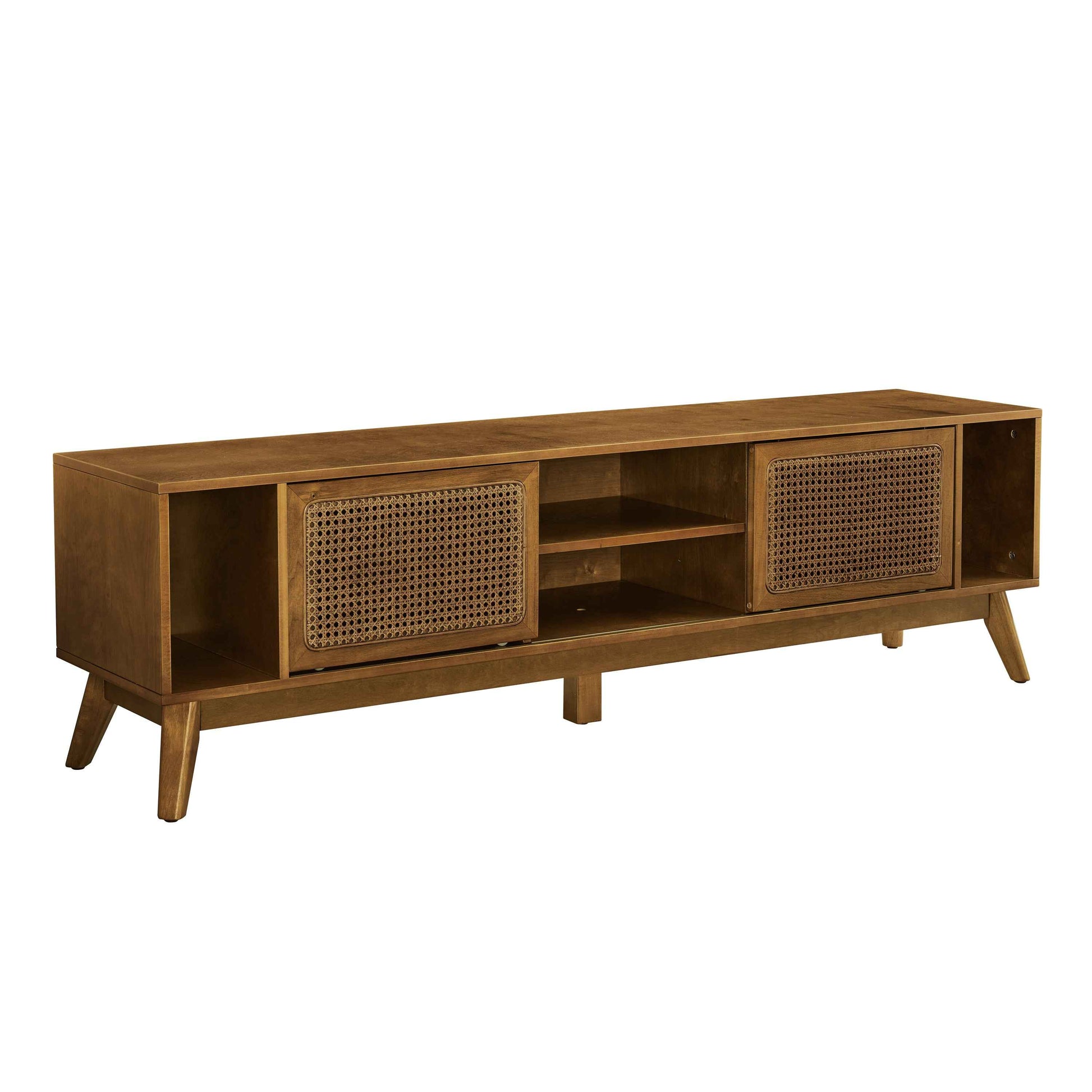 67.9 Inch Mid Century Modern Rattan TV Stand for TVs up to 75', Entertainment Cabinet, Media Console for Living Room Media Room, Solid Wood Feet & Rattan Cabinet Doors - Light Walnut