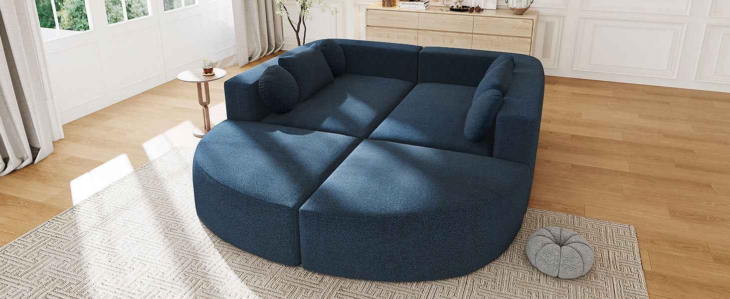 Boneless Couch Modular Sectional Sofa with Deep Seating and Curved Design in Blue Boucle, 114.9 Inches