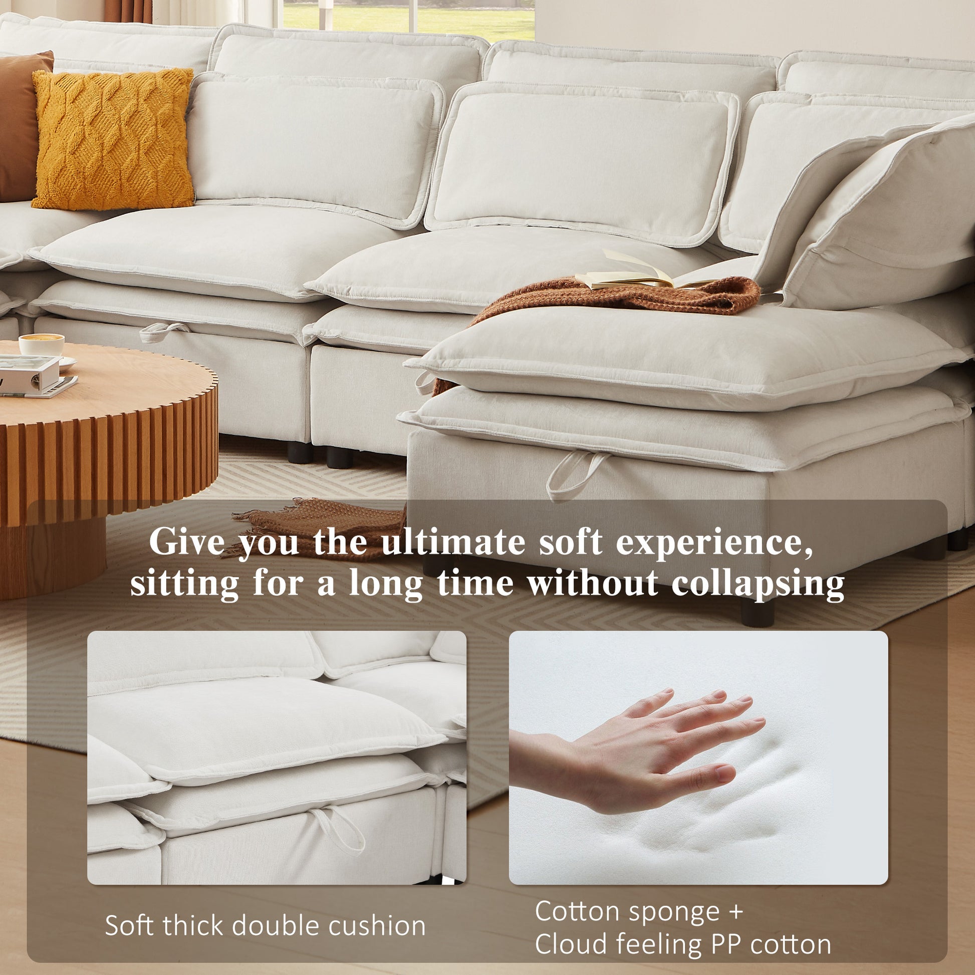 U_Style Double-Layer Cushion Modern Large U-Shaped Modular Sofa, Freely Combinable 6-Seater with Storage Function, Convertible to Sofa Bed, Perfect for Living Rooms, Offices, and Apartments - Abrihome