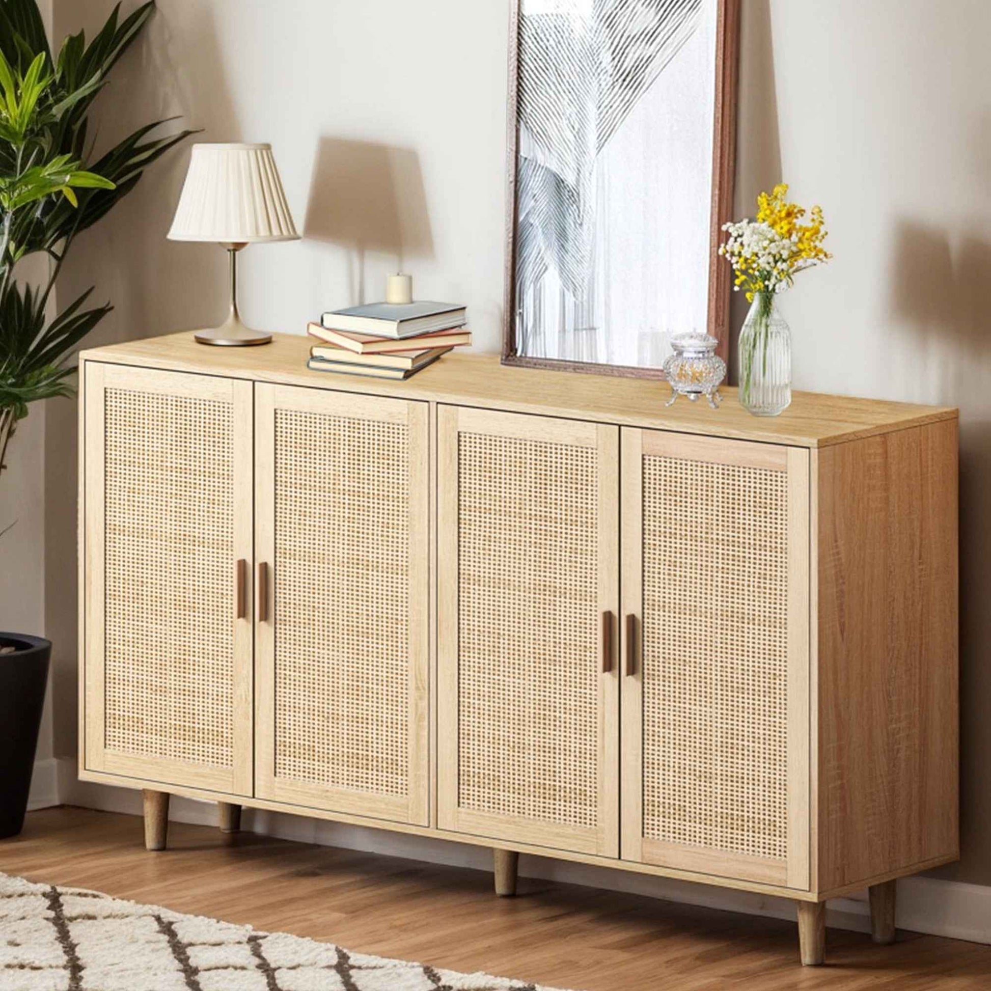 Elegant and Functional 4-Door Rattan Decorative Storage Cabinet for Bedroom, Living Room, Office in Natural Particle Board