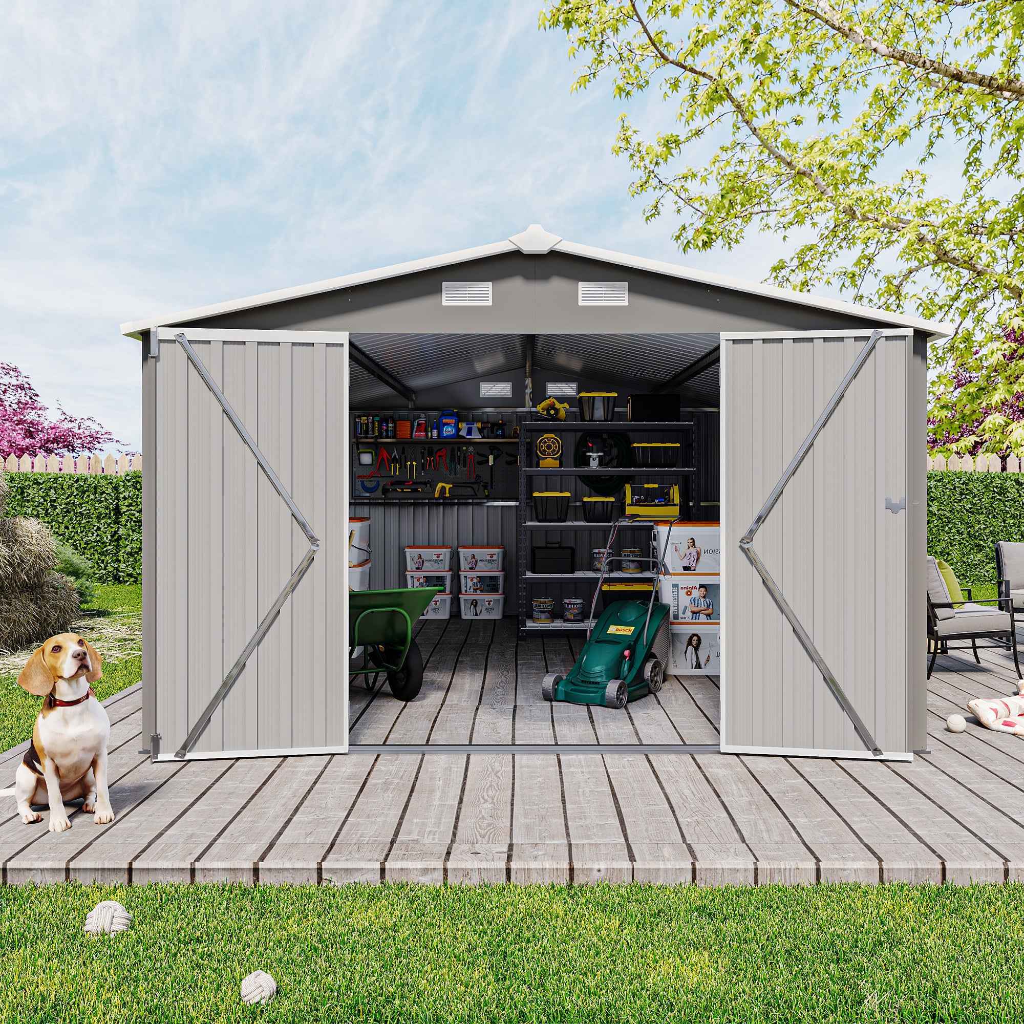 Campcraft  Outdoor Storage Shed 10×14 FT with 3 Lockable Doors,4 Air Vents & Sloped Roof,Utility Tool Shed Metal Storage Garden Sheds  Frame and 4 Vents,for Backyard,Patio,Lawn,Light Grey