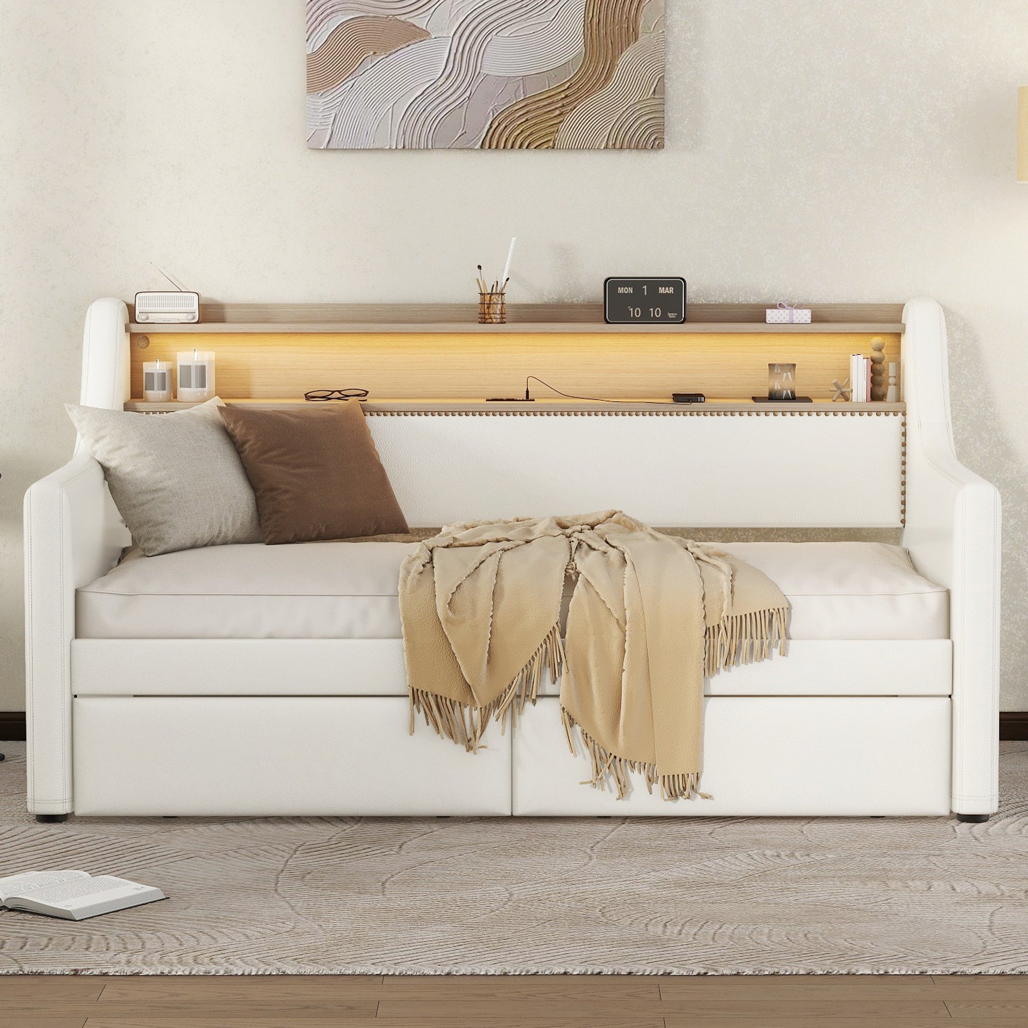 Twin Size Daybed with Drawers, Upholstered Daybed with Charging Station and LED Lights, White(Old Item W1580S00021)