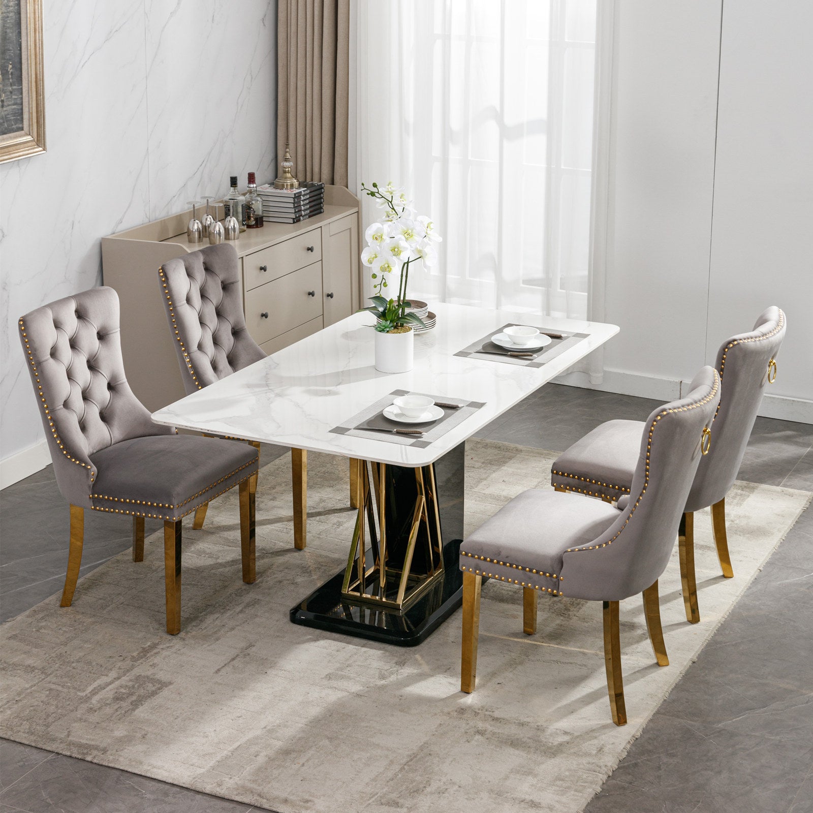 Nikki Collection Modern, High-end Tufted Solid Wood Contemporary Velvet Upholstered Dining Chair with Golden Stainless Steel Plating Legs,Nailhead Trim,Set of 2,Gray and Gold, SW1601GY