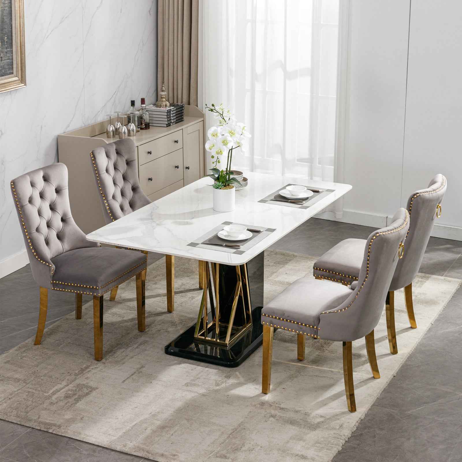Nikki Collection Modern, High-end Tufted Solid Wood Contemporary Velvet Upholstered Dining Chair with Golden Stainless Steel Plating Legs,Nailhead Trim,Set of 2,Gray and Gold, SW1601GY