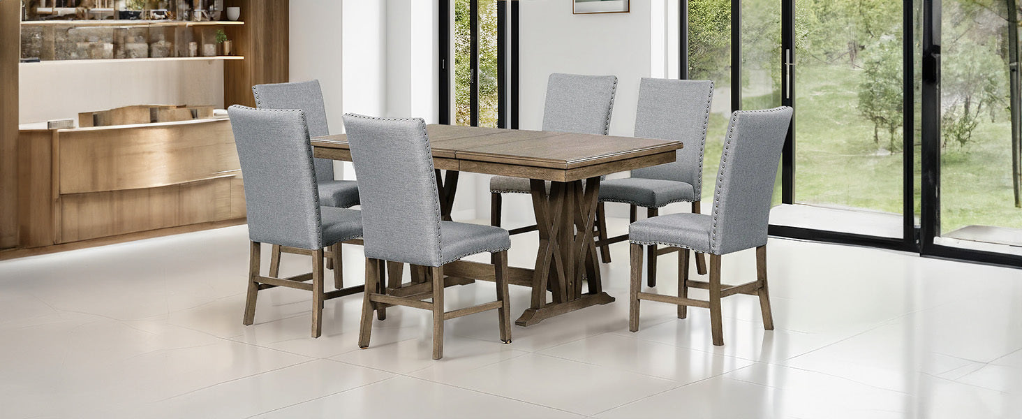 TOPMAX Mid-Century Solid Wood 7-Piece Dining Table Set Extendable Kitchen Table Set with Upholstered Chairs and 12" Leaf for 6, Golden Brown+Gray Cushion