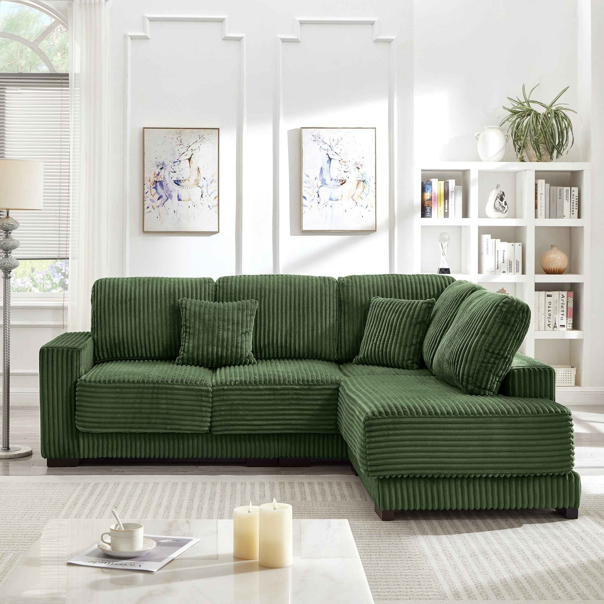 93' Sectional Sofa, L Shaped Sofa Couch with Reversible Chaise Lounge, Upholstered Soft Corduroy Couch for Living Room, Apartment (Green)