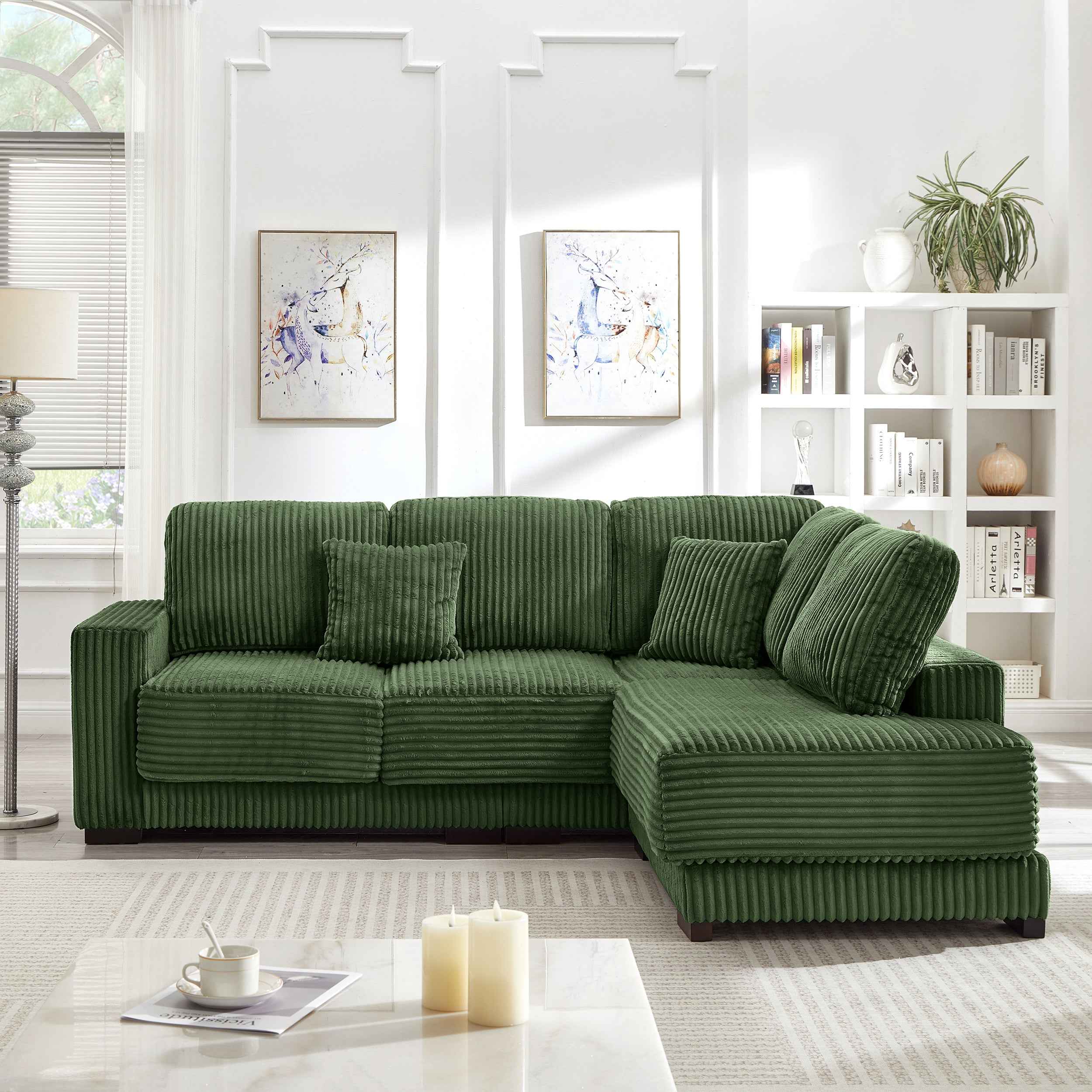 93' Sectional Sofa, L Shaped Sofa Couch with Reversible Chaise Lounge, Upholstered Soft Corduroy Couch for Living Room, Apartment (Green)