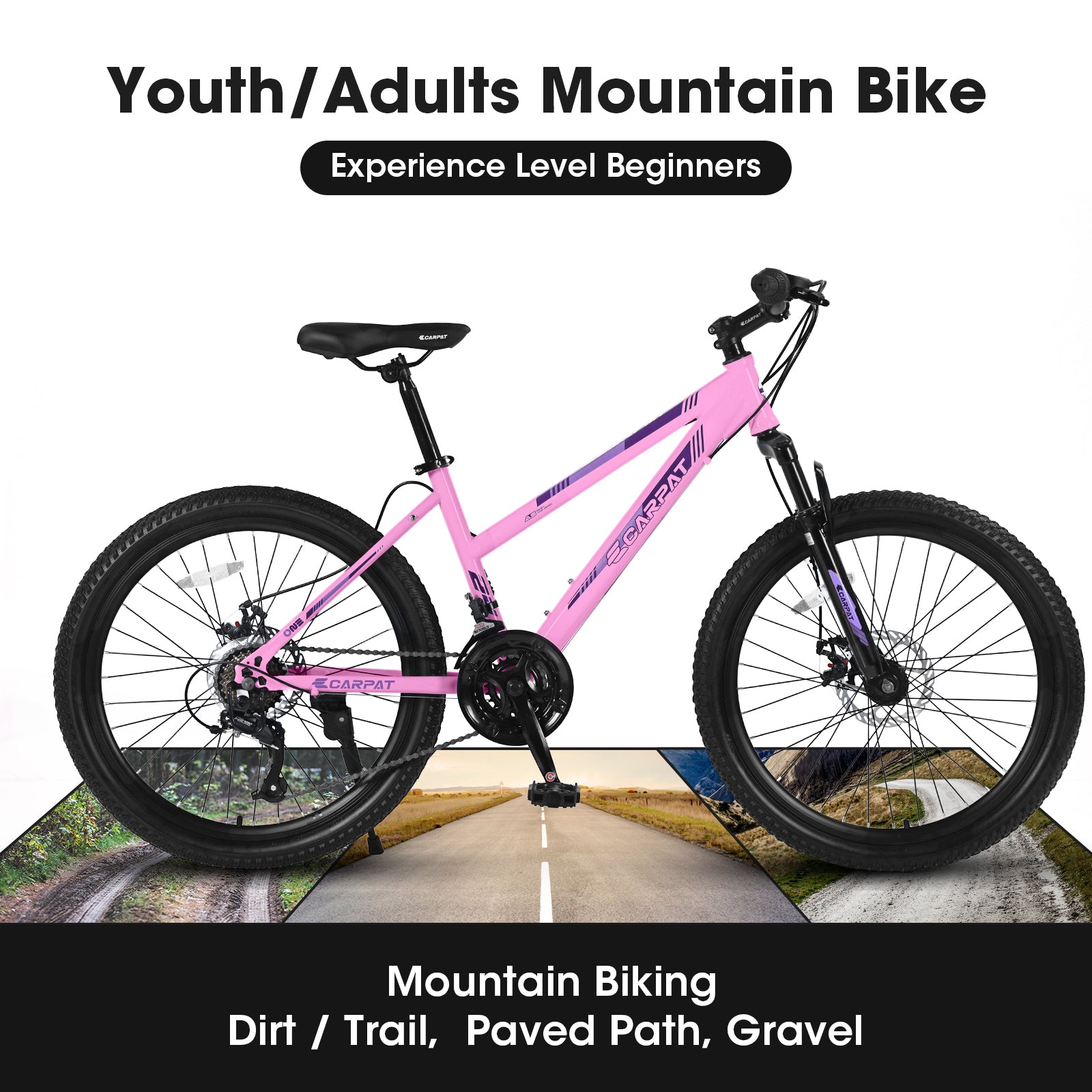 S24103  24 inch Mountain Bike for Teenagers Girls Women, Shimano 21 Speeds with Dual Disc Brakes and 100mm Front Suspension, White/Pink