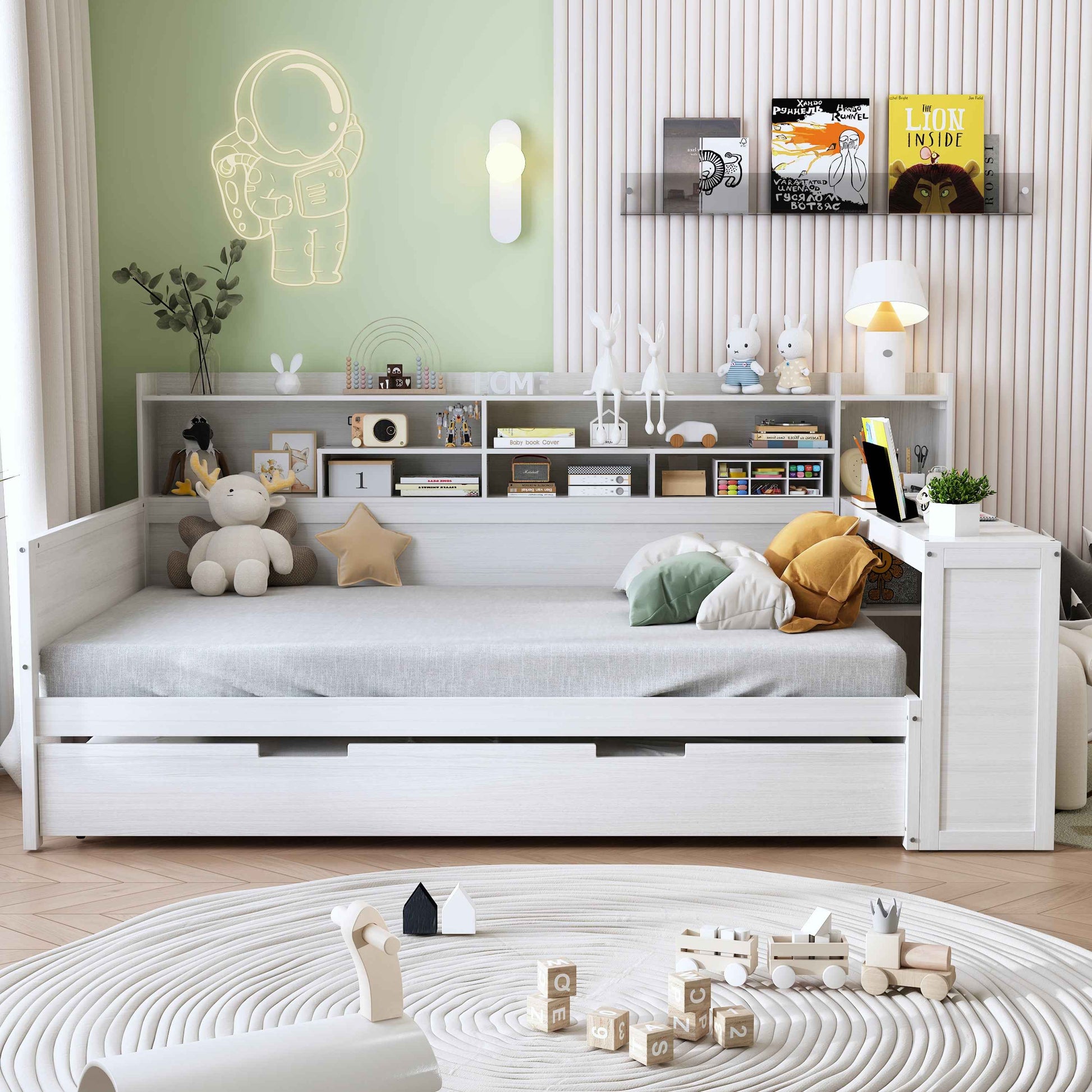 Wooden Full Size Daybed with Storage Shelves, Multi-functional Bed with Twin Size Trundle Bed and  Study Desk, Antique White