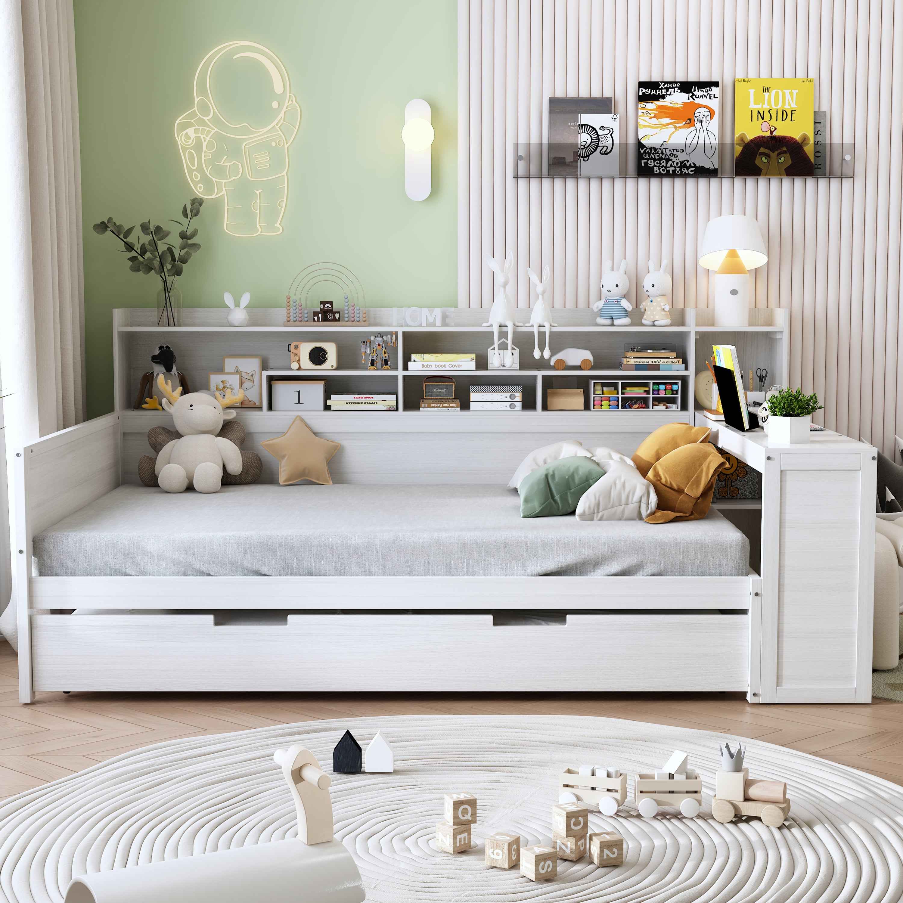 Wooden Full Size Daybed with Storage Shelves, Multi-functional Bed with Twin Size Trundle Bed and  Study Desk, Antique White