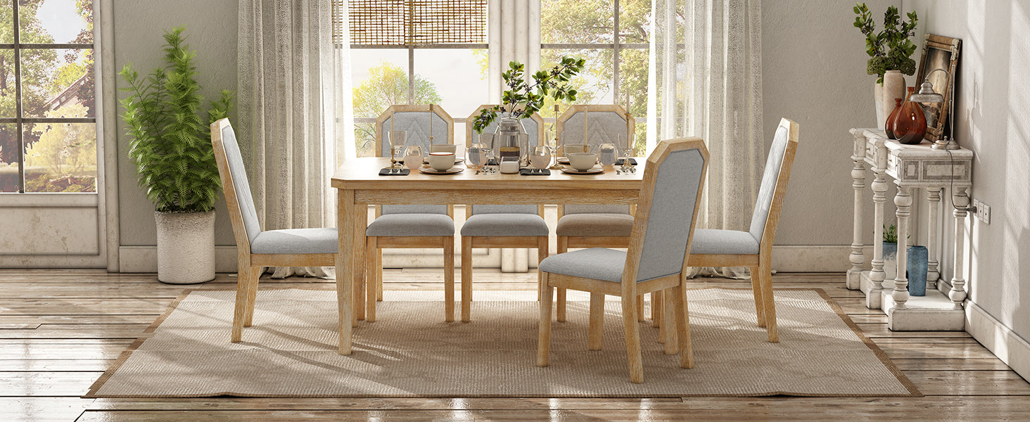 TREXM 7-Piece Farmhouse Dining Set Classic Rustic Table and 6 high-back design Chairs for Dining Room, Kitchen (Natural Wood Wash)