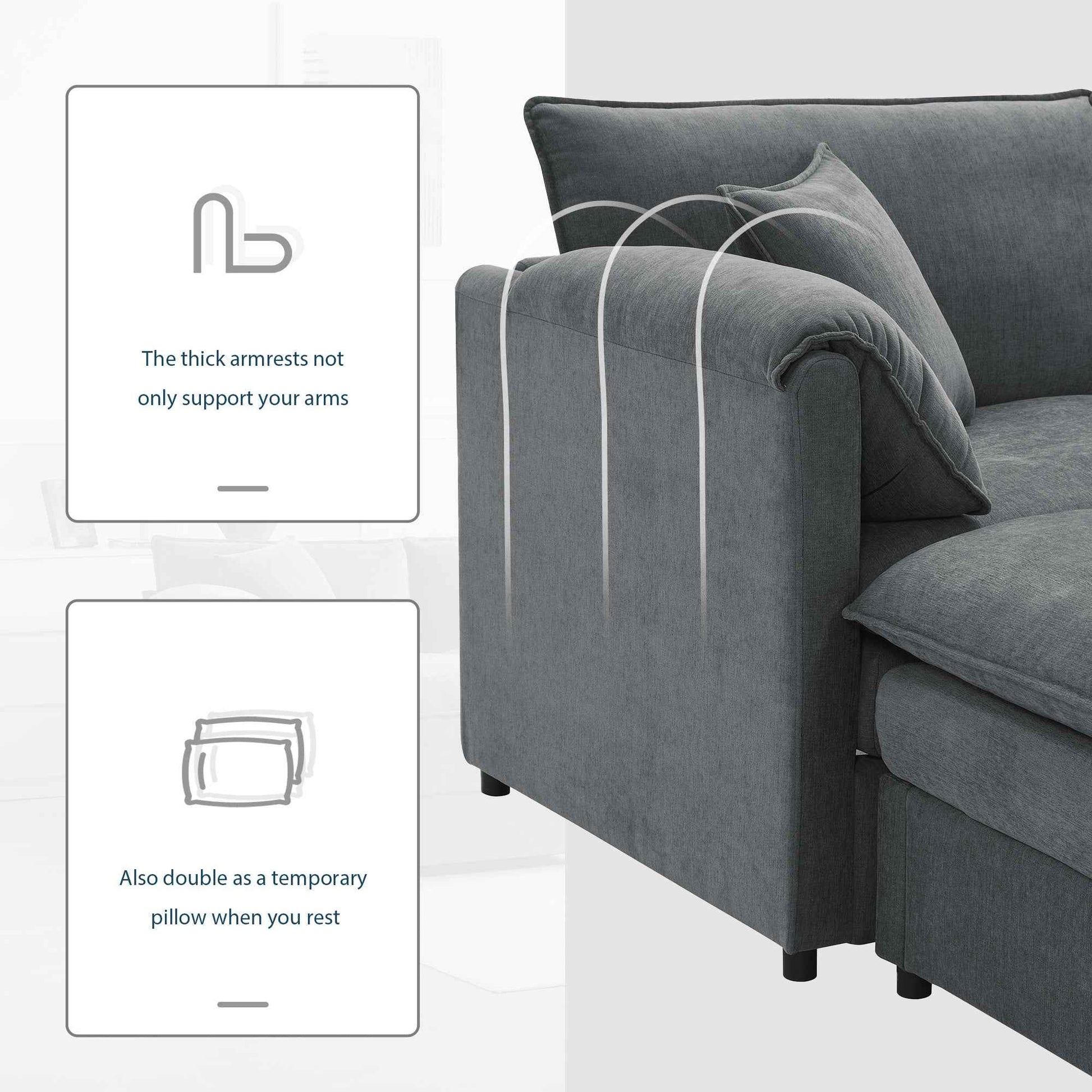 Chenille Modular Sectional Sofa with Deep and Wide Seat in Dark Gray, L Shaped Cloud Couch Set with Double Cushions, 4 Seat Sofa with Movable Ottoman