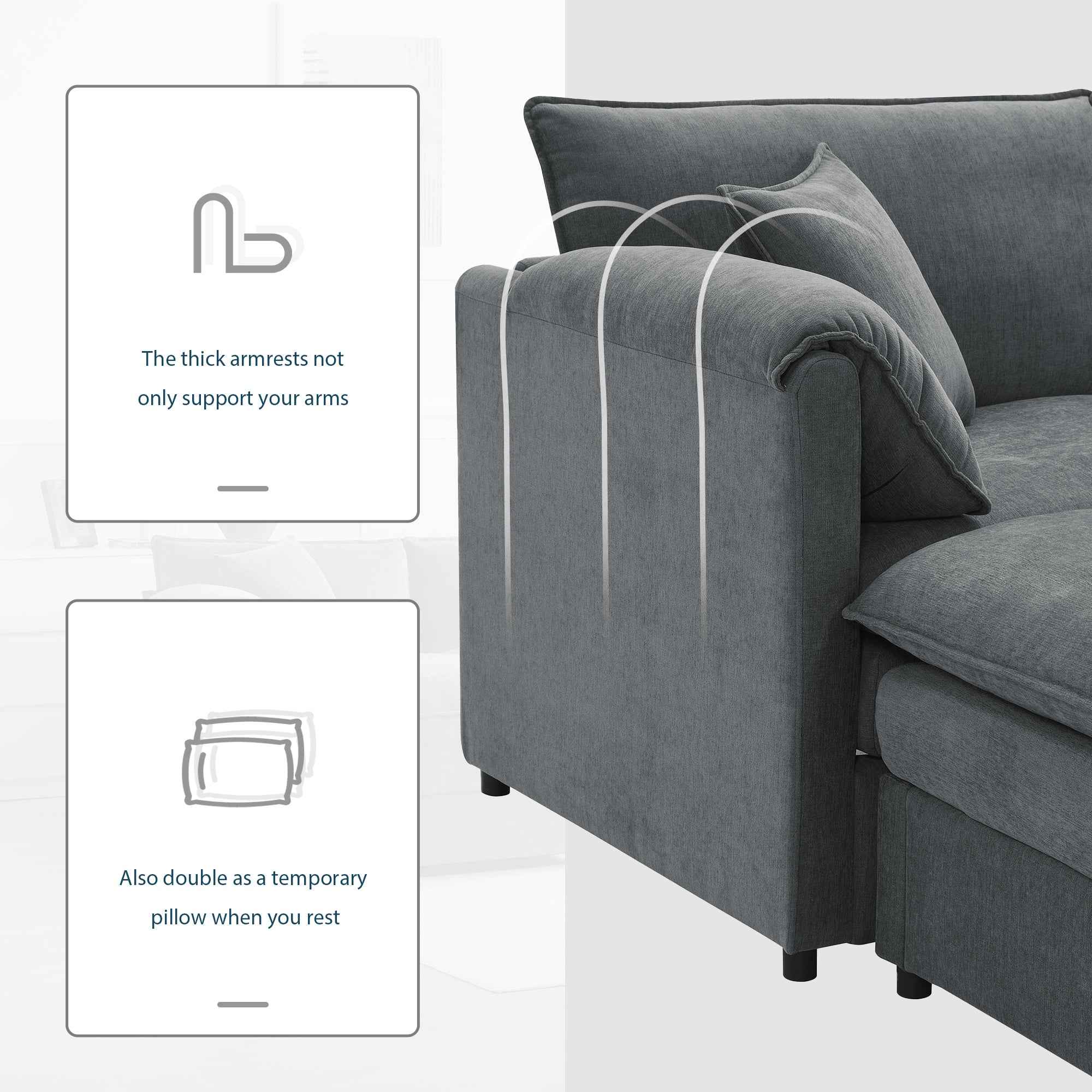Chenille Modular Sectional Sofa with Deep and Wide Seat in Dark Gray, L Shaped Cloud Couch Set with Double Cushions, 4 Seat Sofa with Movable Ottoman