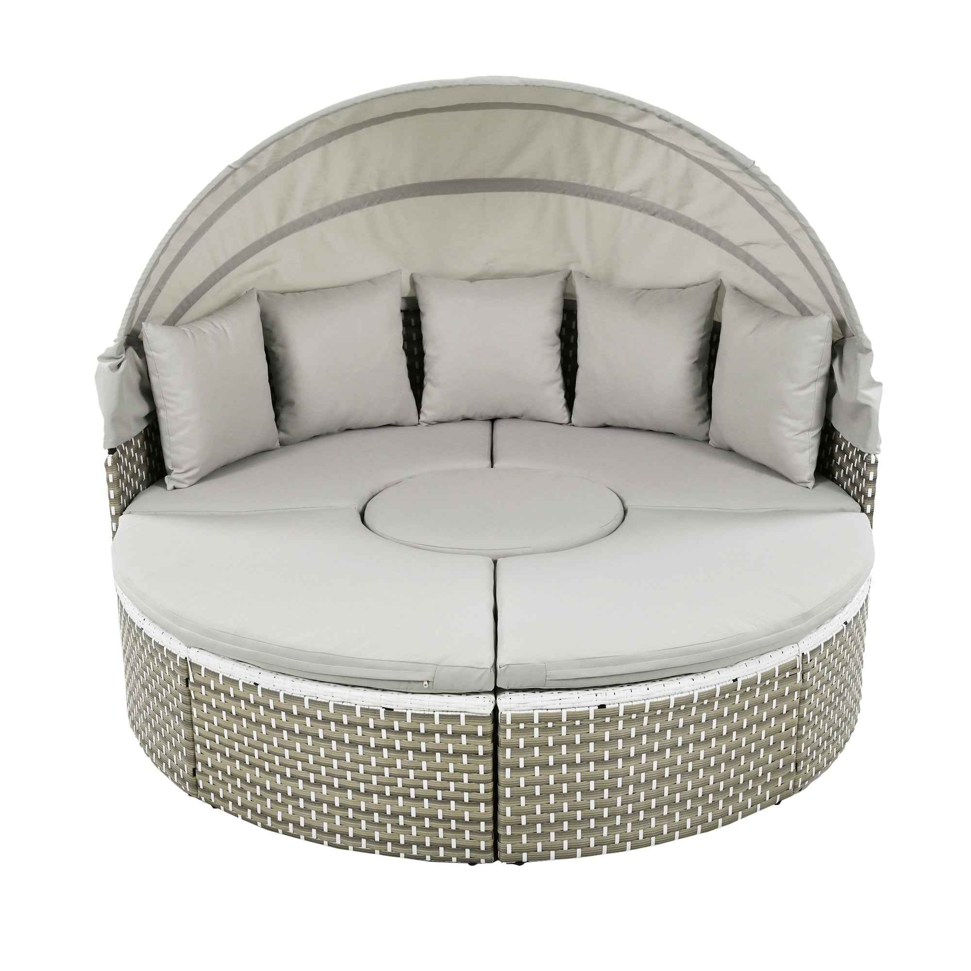TOPMAX Patio Furniture Round Outdoor Sectional Sofa Set Rattan Daybed Two-Tone Weave Sunbed with Retractable Canopy, Separate Seating and Removable Cushion, Gray